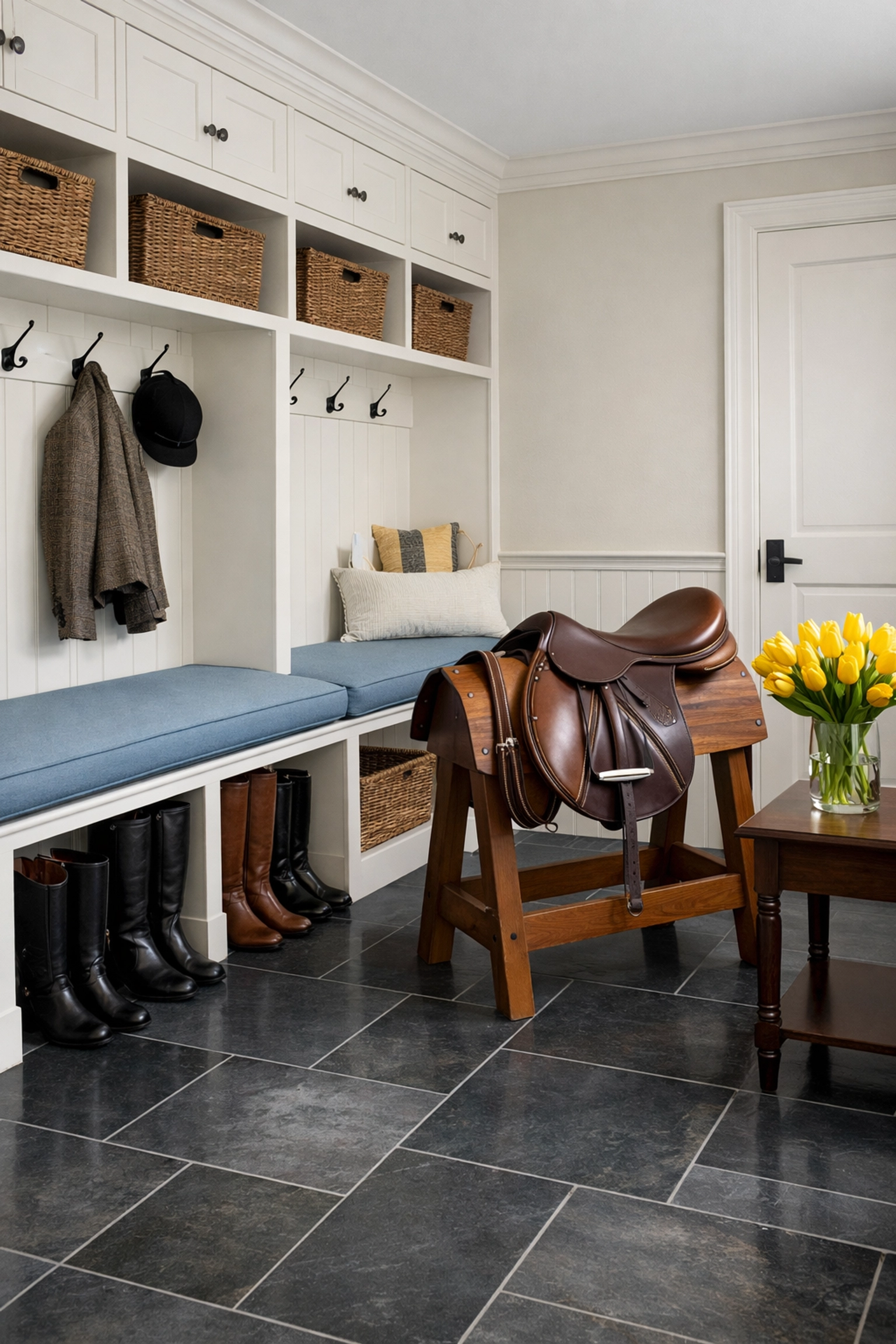 Spotless mudroom with clean slate flooring and white cabinetry in a luxury Hamilton estate.