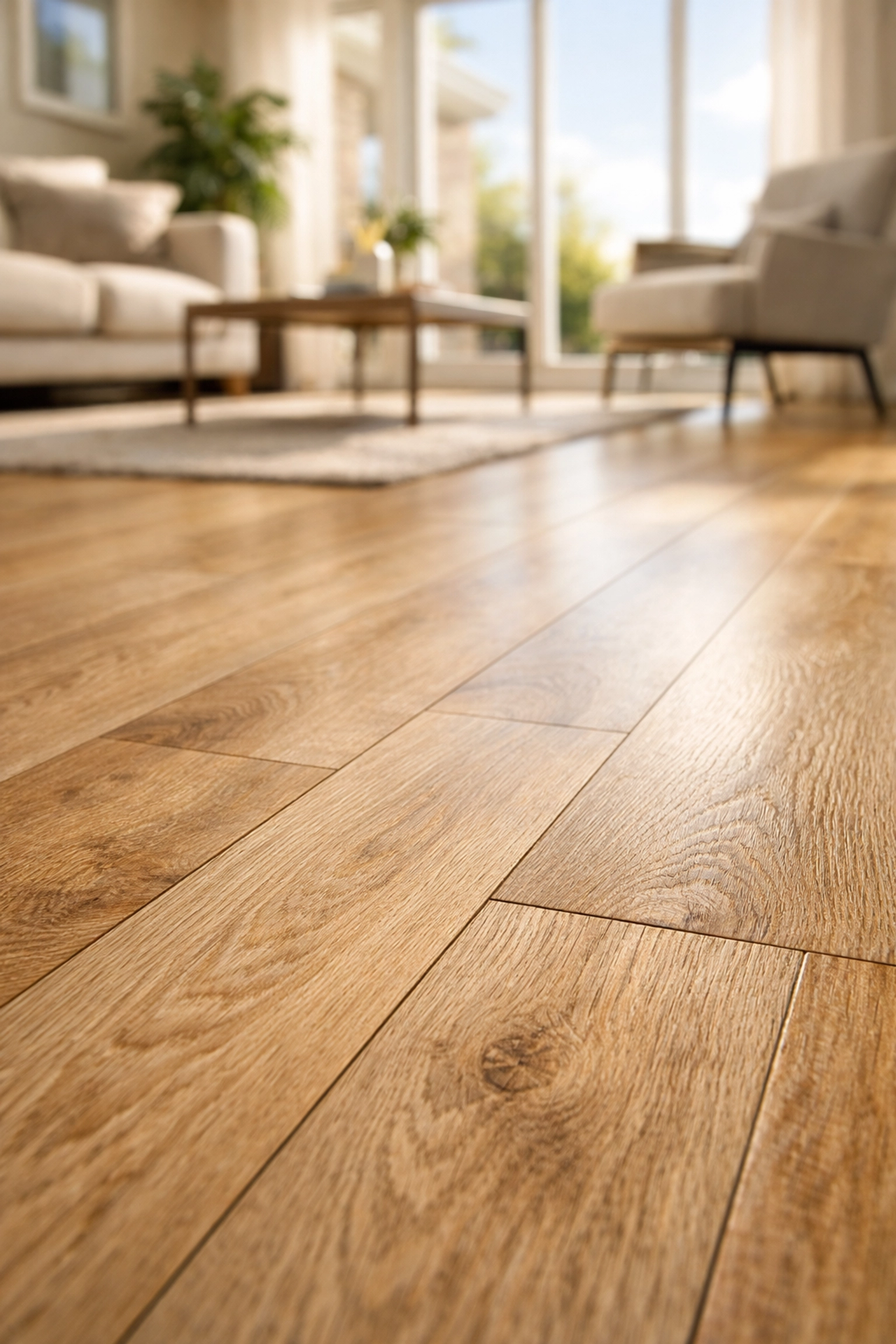 Modern living room featuring luxury vinyl plank flooring renovation in Orlando with natural light.