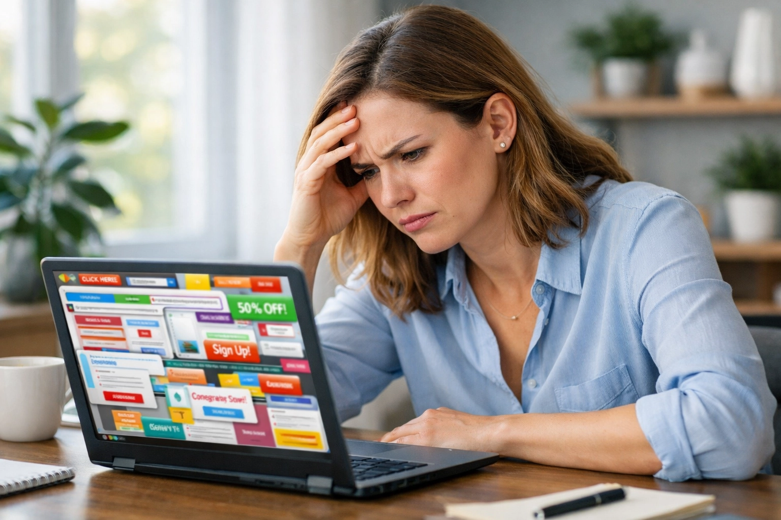 Frustrated user viewing cluttered website design causing poor experience