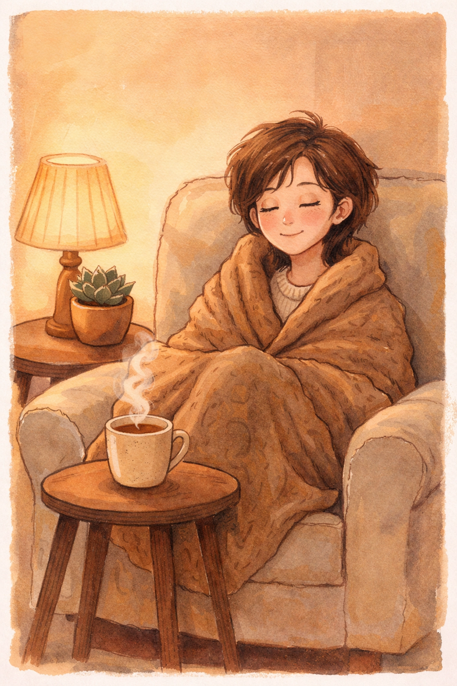 A person relaxing alone in a cozy chair with a warm drink, symbolizing the need to recharge after social interactions.