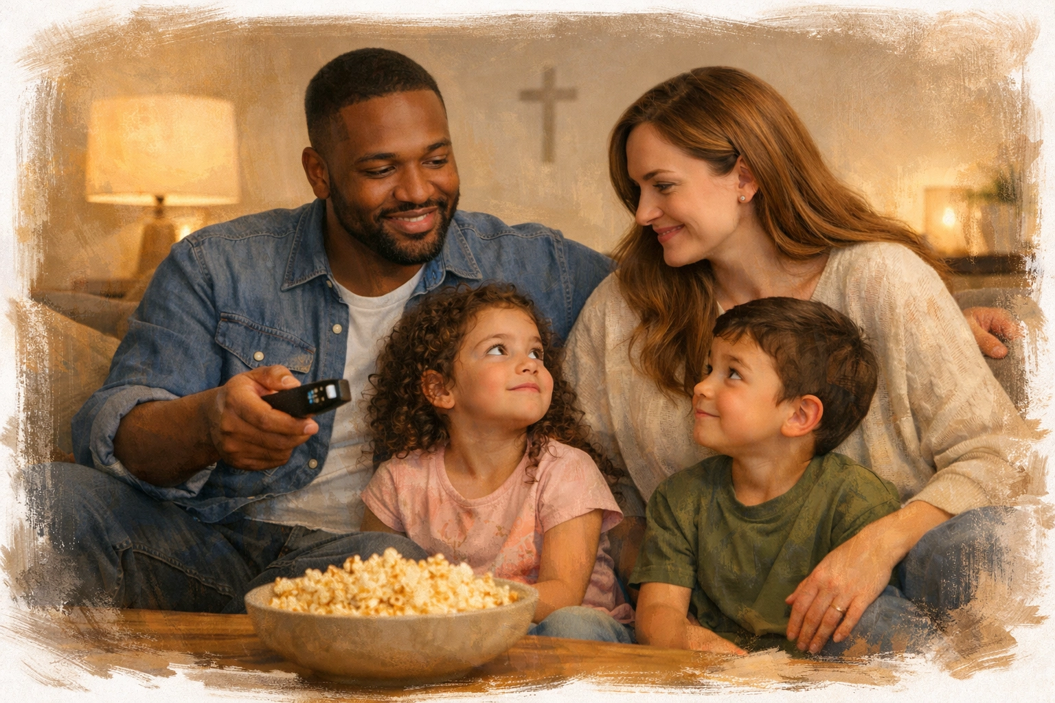 Christian family watching movie together on couch, father pausing for discussion with kids
