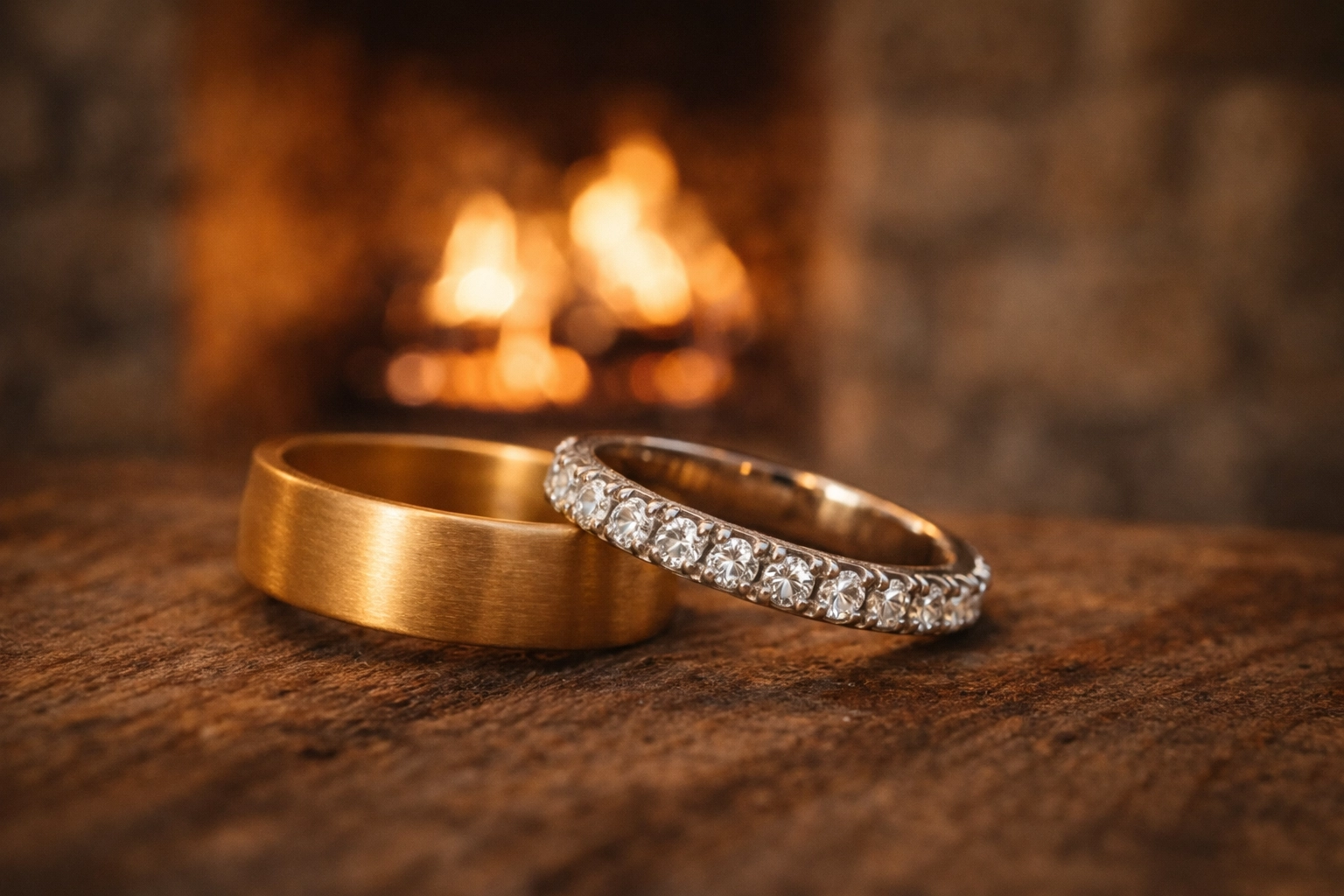 Close-up of wedding rings with a cozy fireplace softly blurred behind.