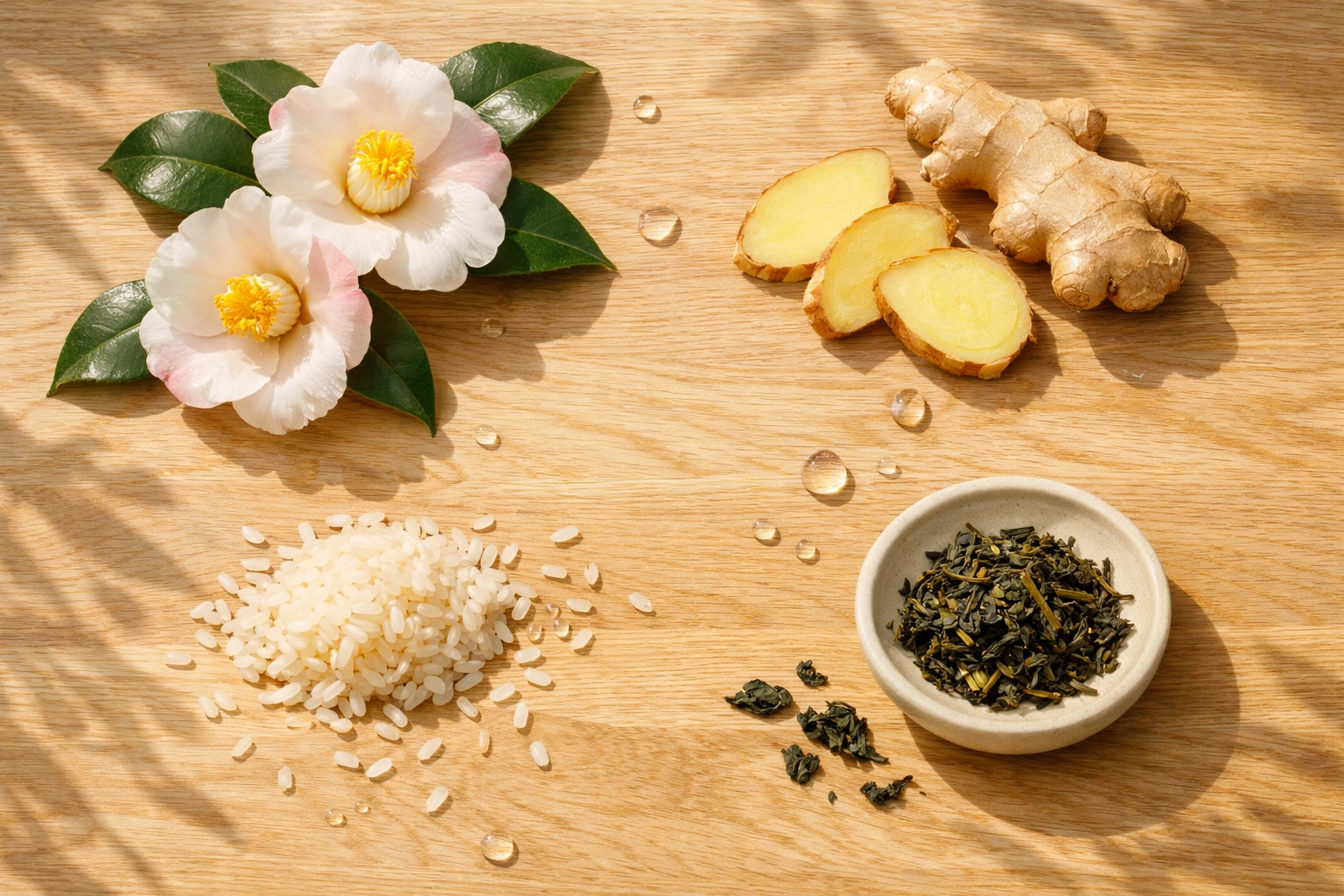 Sun-drenched flat lay of Japanese-inspired botanicals (camellia, ginger, rice, tea leaves) representing Kumo Luxe’s clean ingredient story.