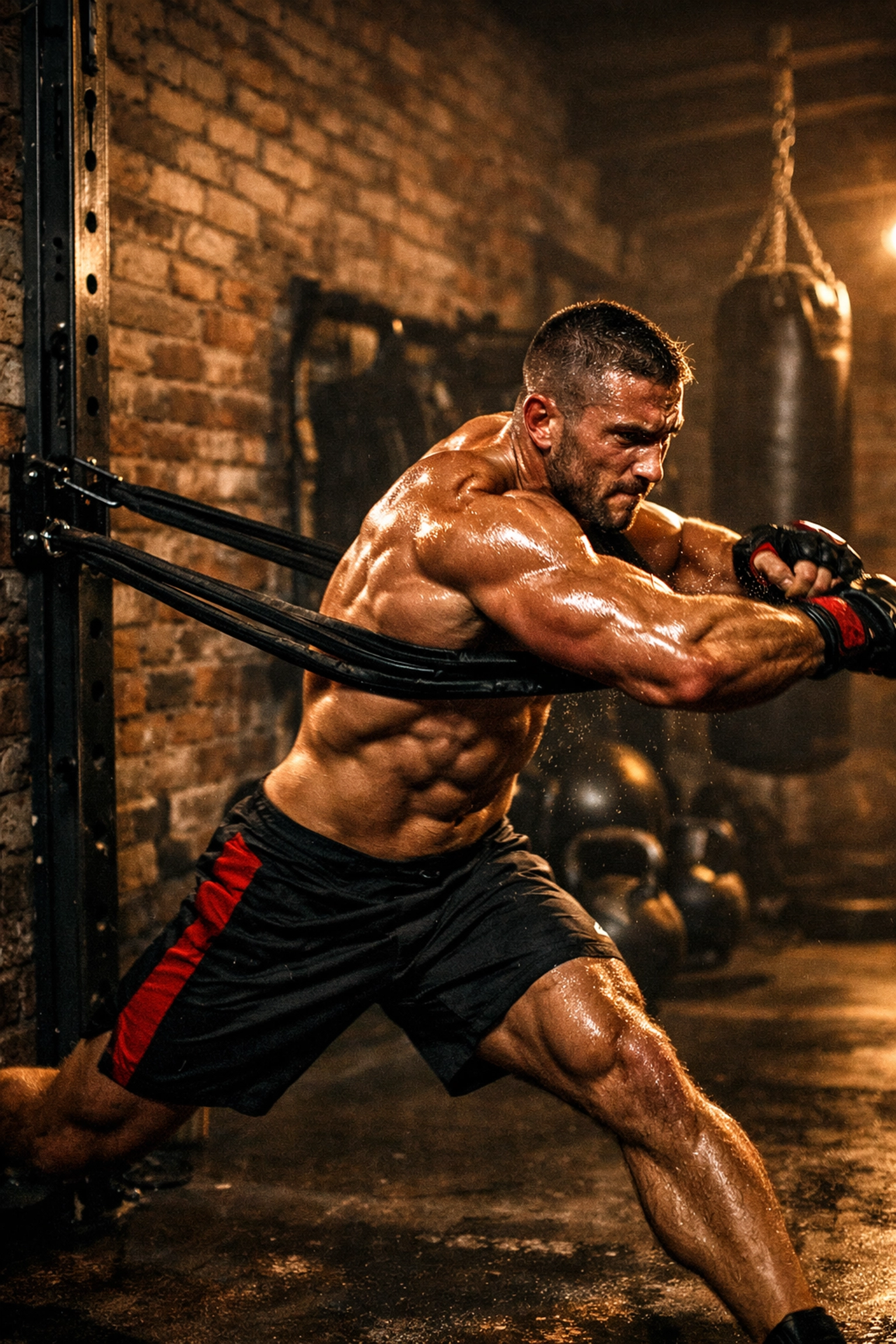 MMA fighter performing resistance training drills using a floor-to-ceiling home gym rail.