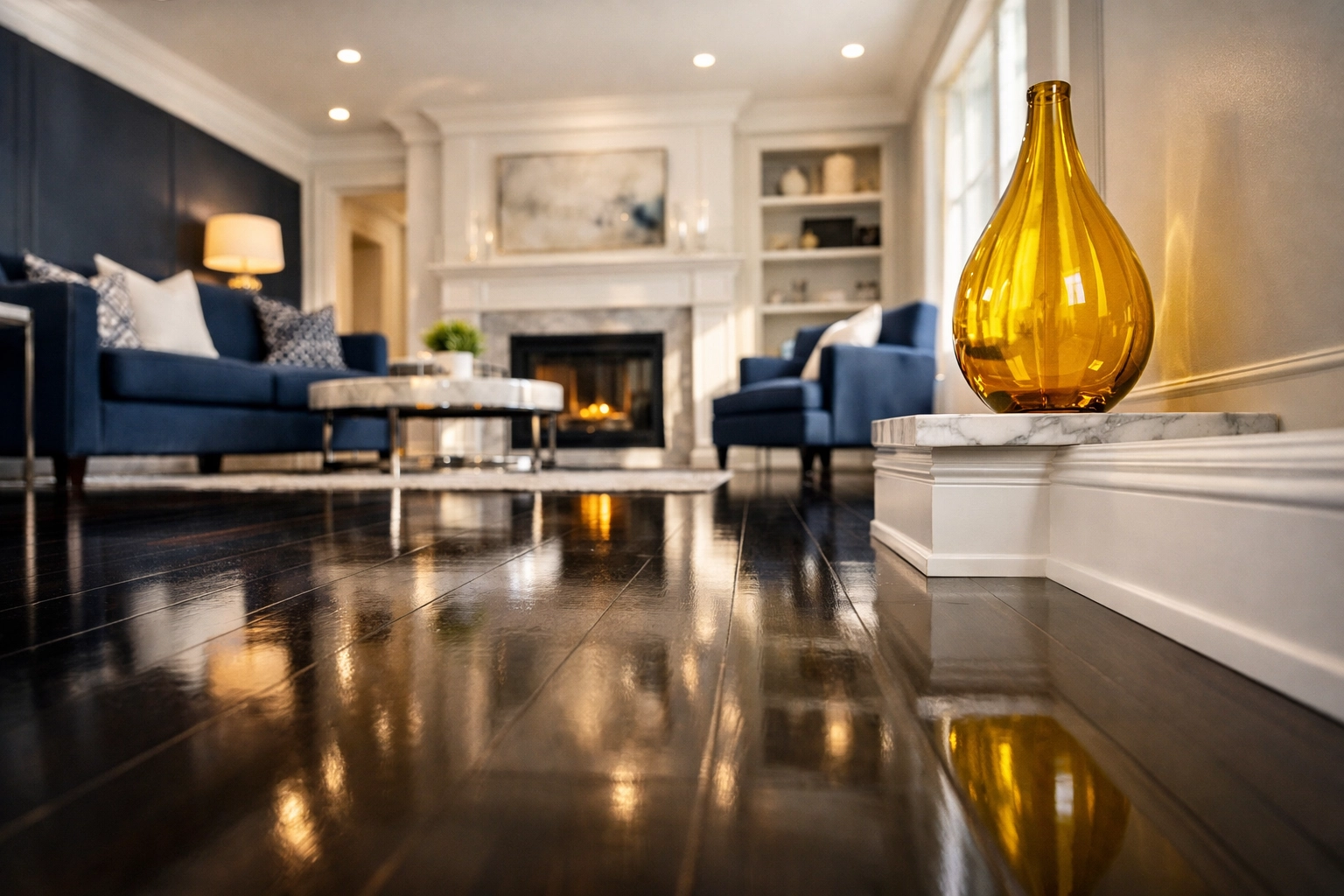Deep cleaned living room in Acton MA with polished hardwood floors and spotless white baseboards.