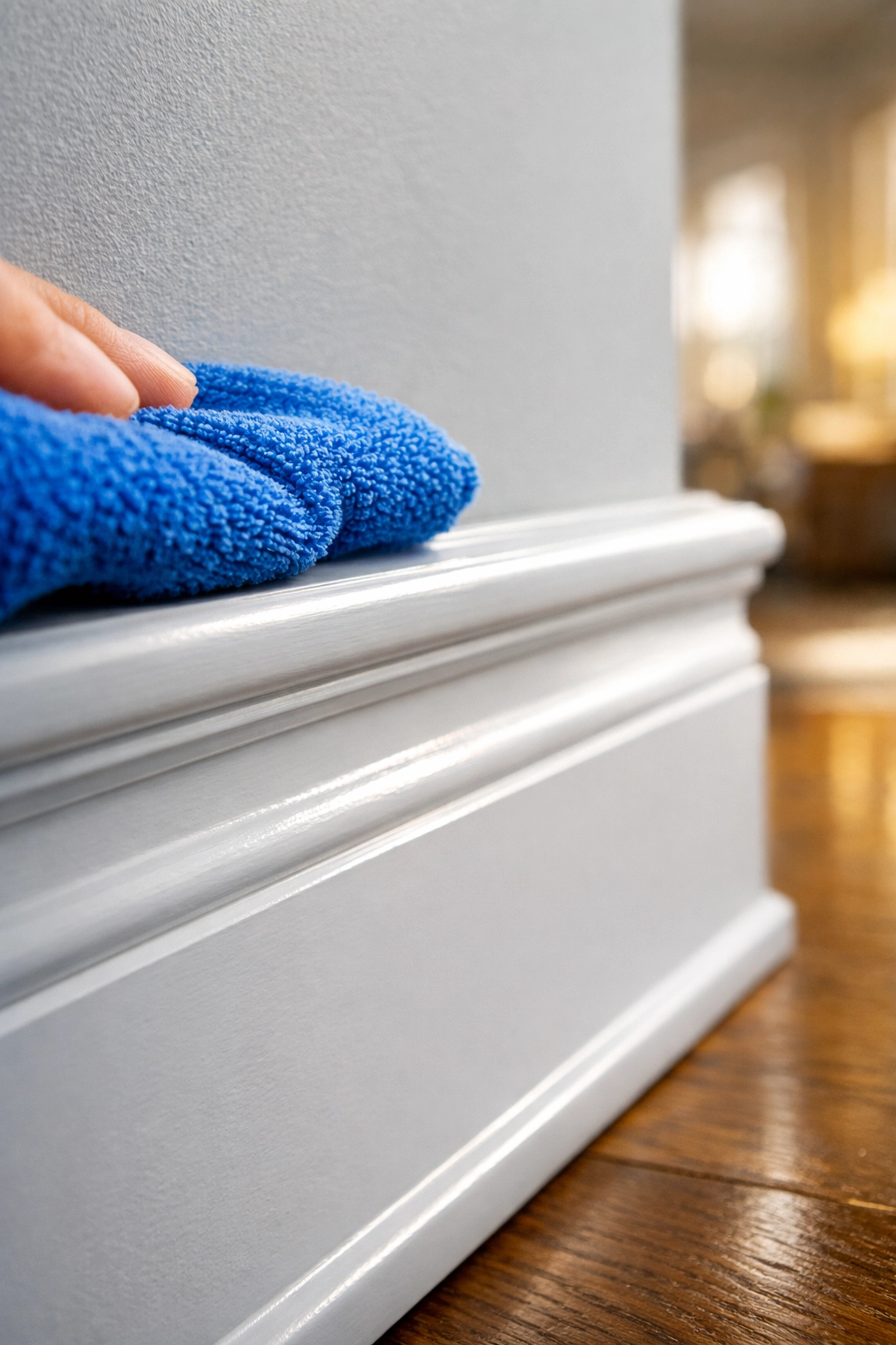 Detailed move-in cleaning of white baseboards in a luxury Massachusetts home for a dust-free environment.
