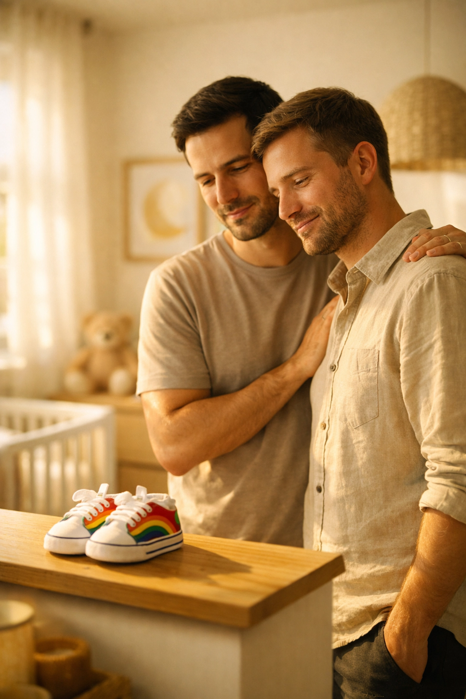Two gay fathers in a sunny nursery looking at rainbow baby shoes during their LGBTQ+ adoption journey.