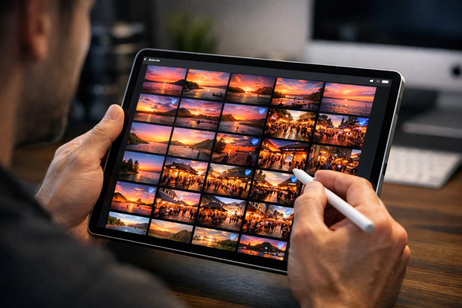 Photographer culling a travel photo gallery on a high-resolution tablet during post-processing.
