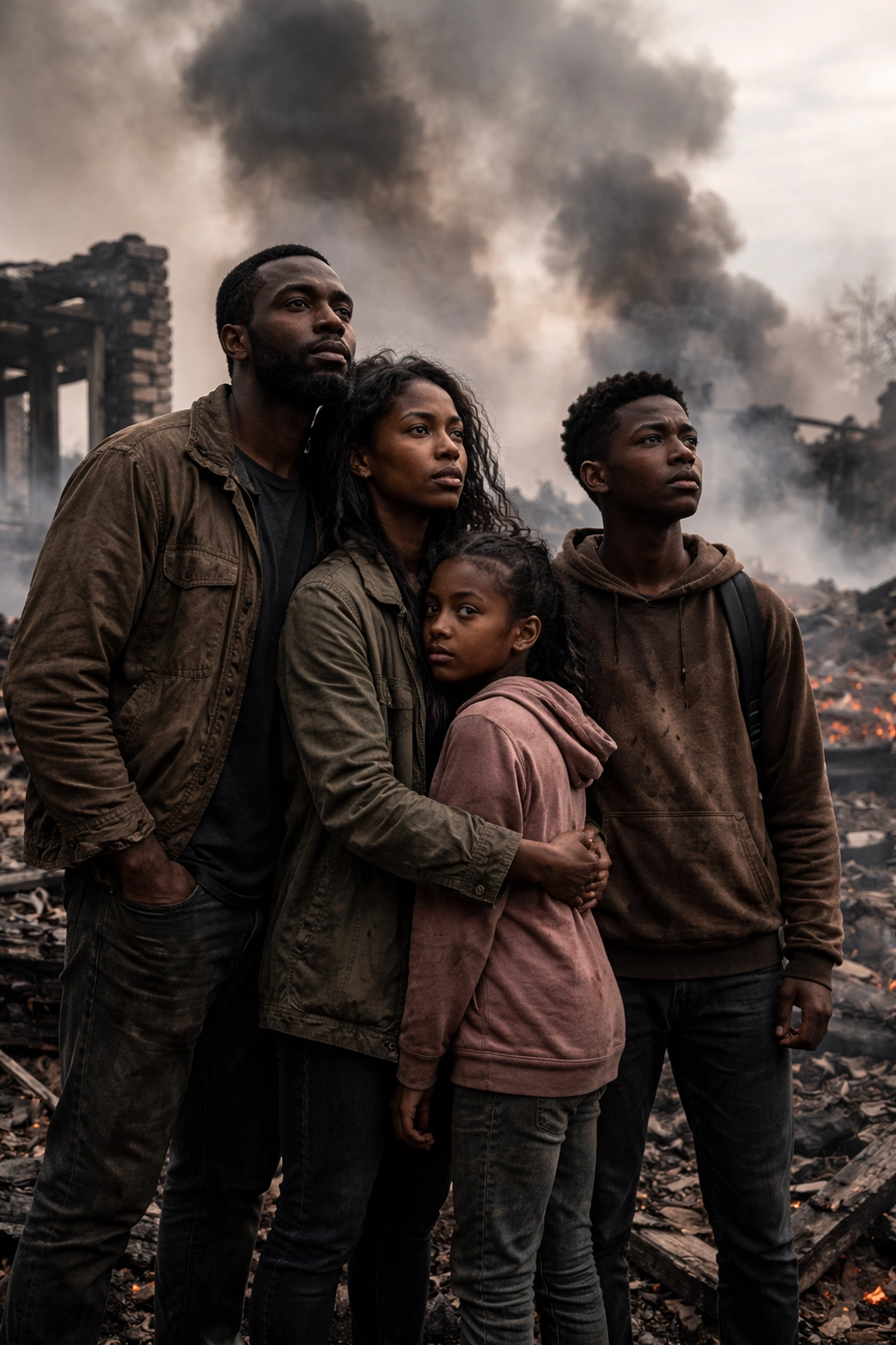 Resilient Black family stands amid ruins after Tulsa massacre, symbolizing the struggle and strength of Black Wall Street survivors.