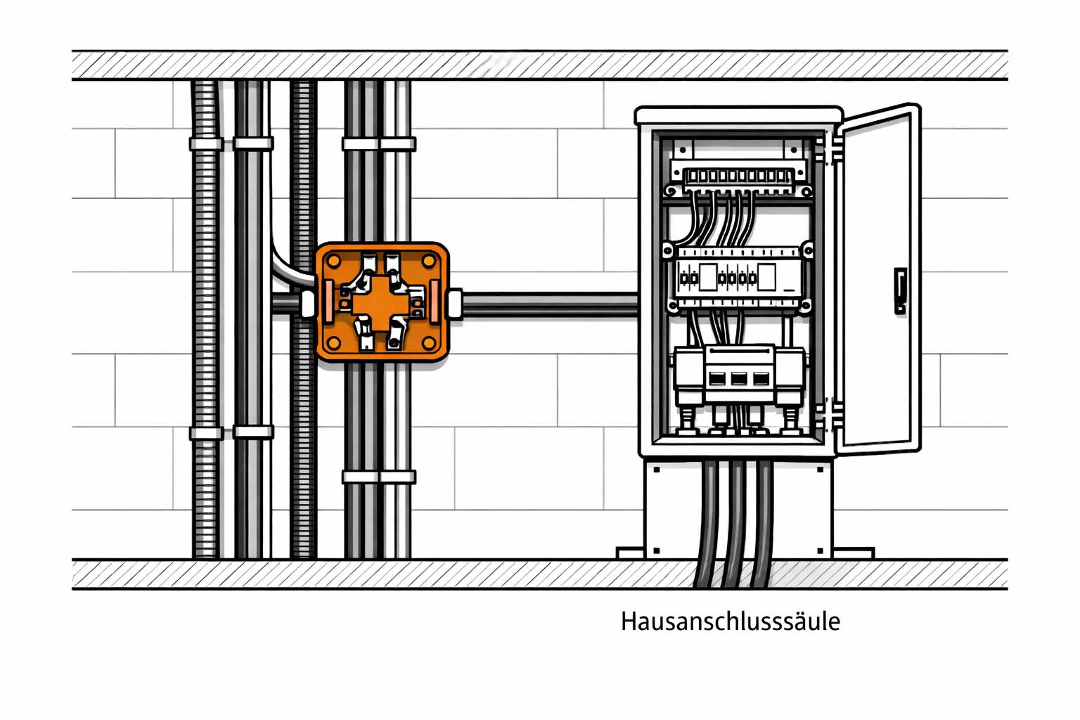 Technische Illustration einer Steigleitung und Hausanschluss-Infrastruktur für Projekte in NÖ.