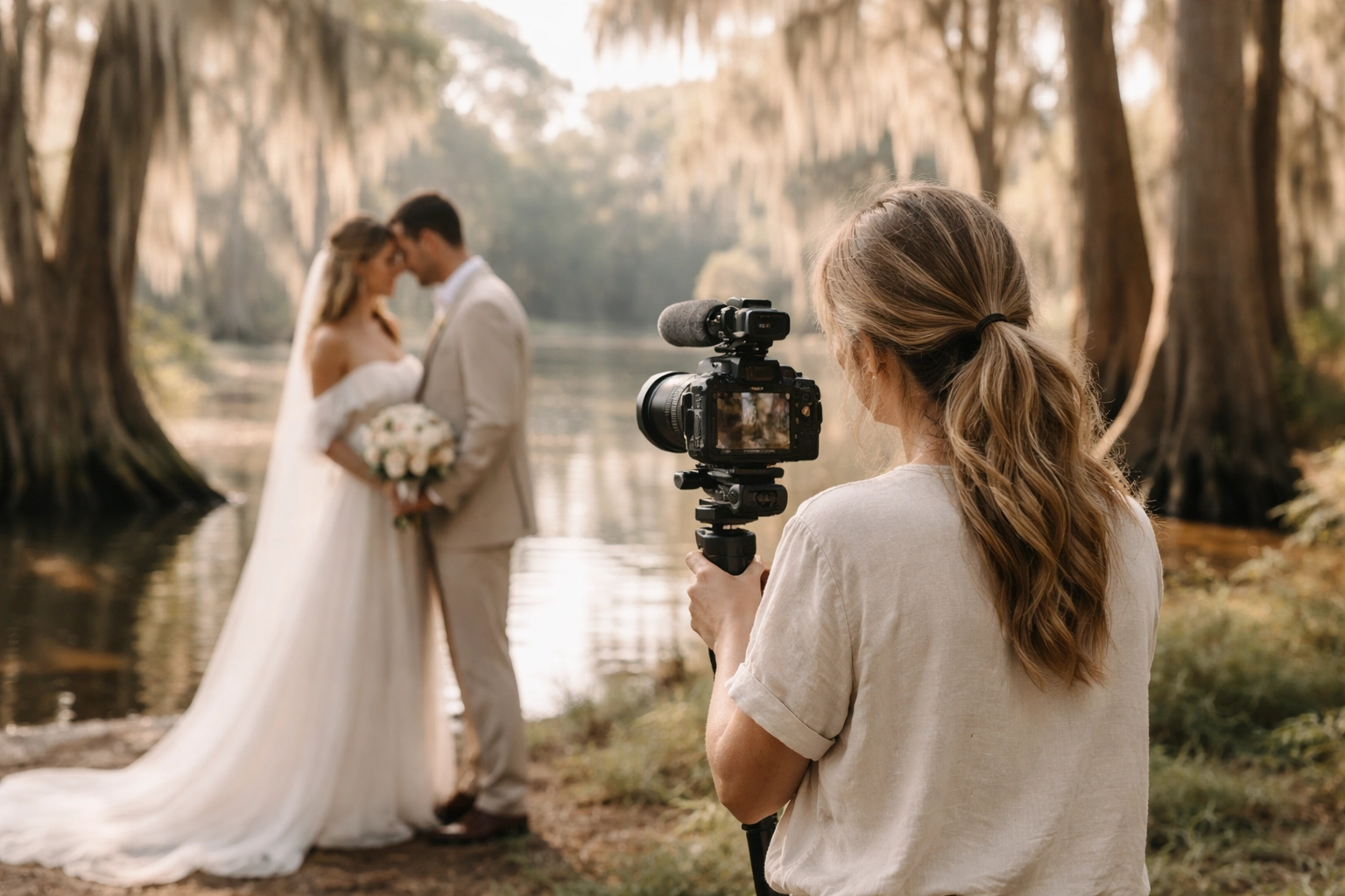 Female wedding videographer filming a bride and groom (opposite-sex couple) in a sunlit Louisiana bayou, clean and cinematic with soft natural light.