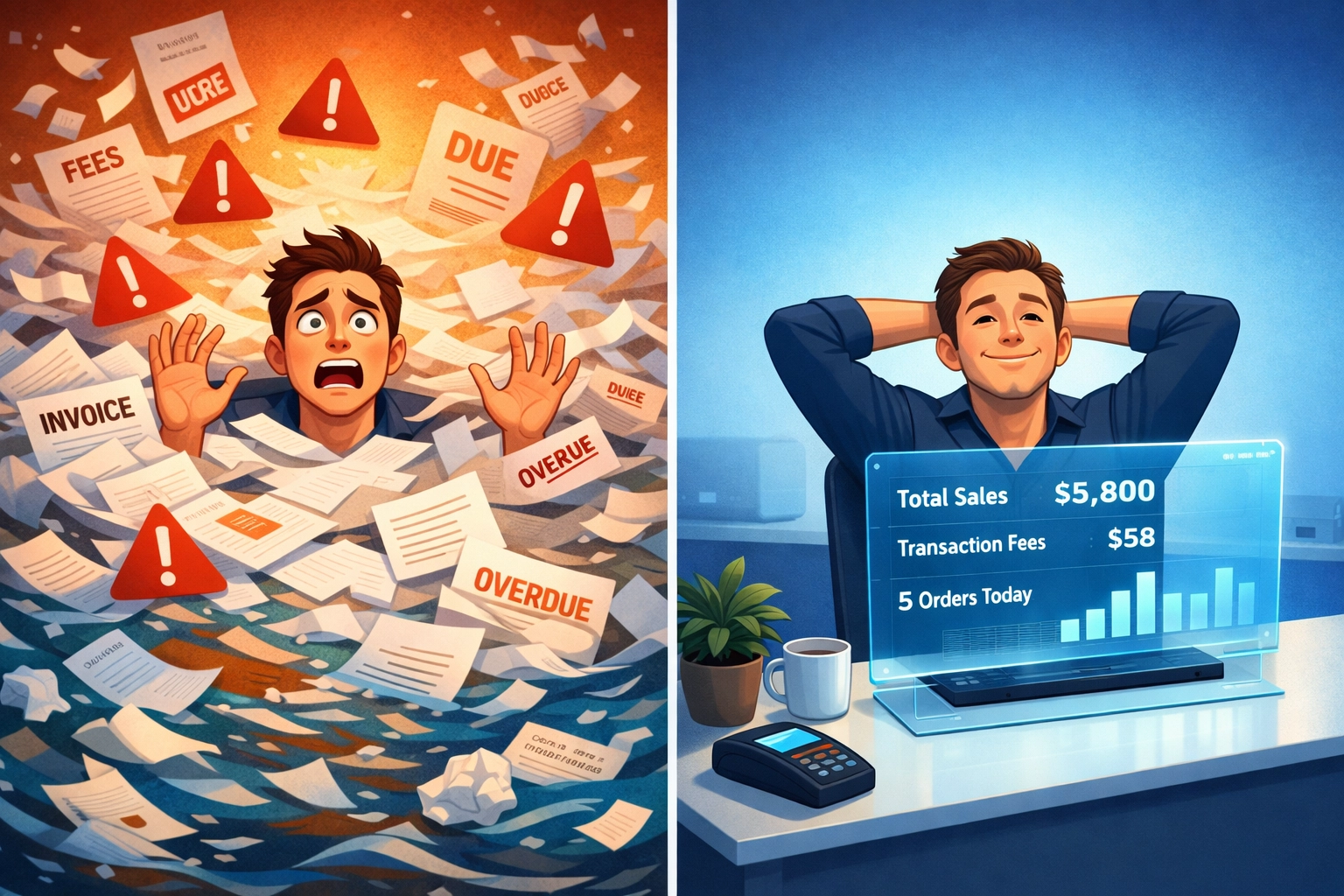 Merchant comparing chaotic traditional fees versus streamlined crypto transaction tracking