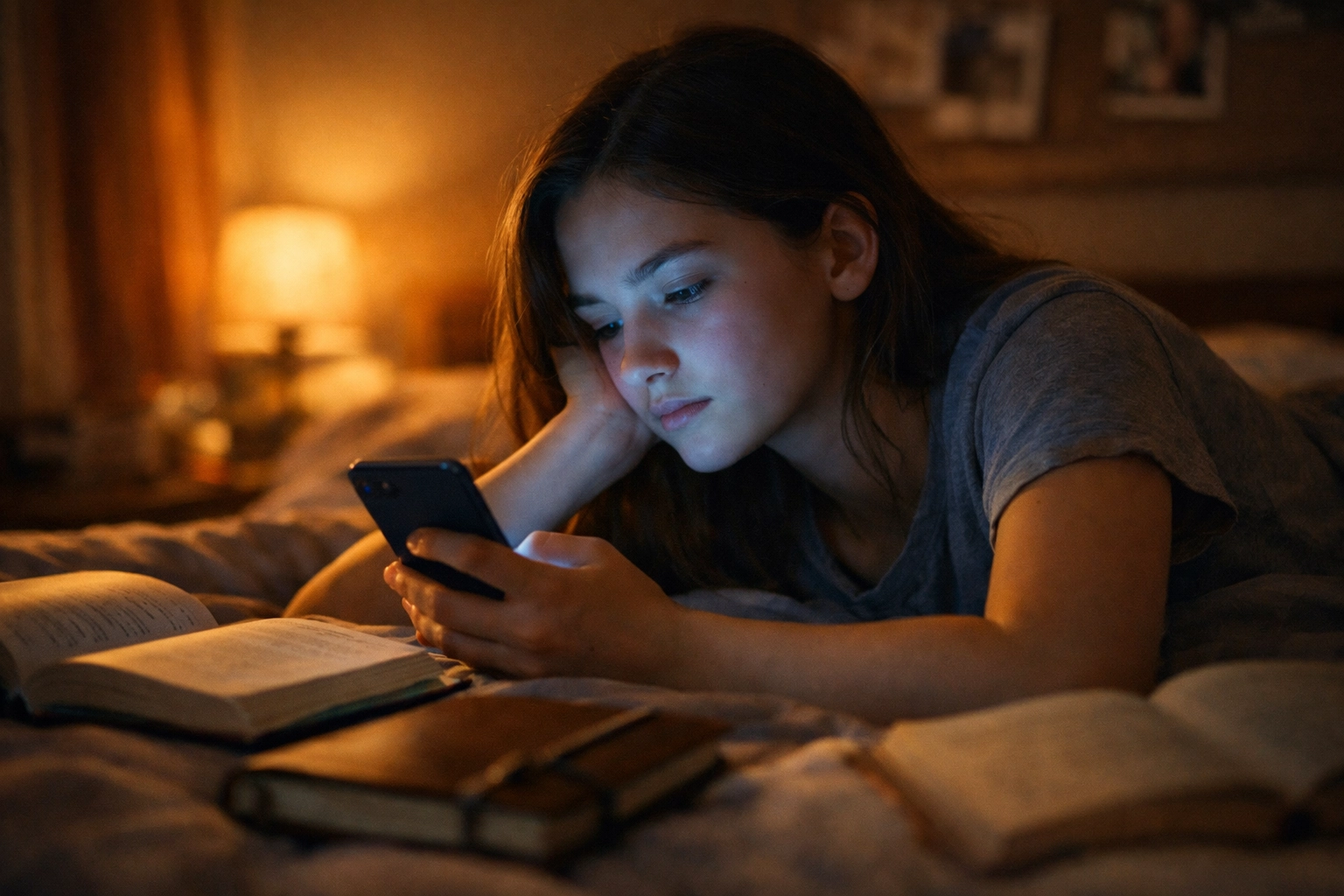 Teen girl using smartphone late at night in bed showing screen time and depression connection