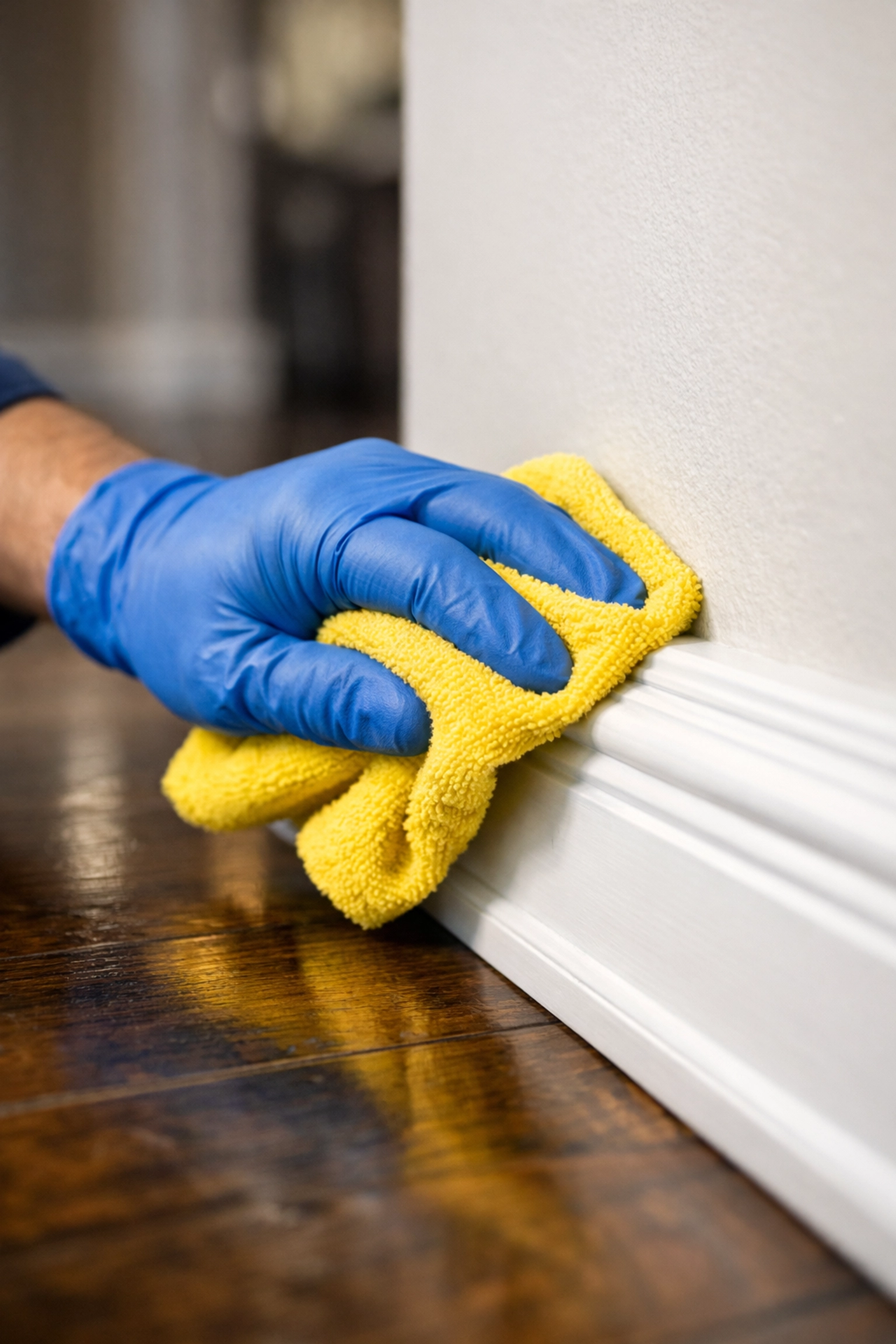 Professional deep cleaning services Massachusetts specialist wiping down dust-free white baseboards.