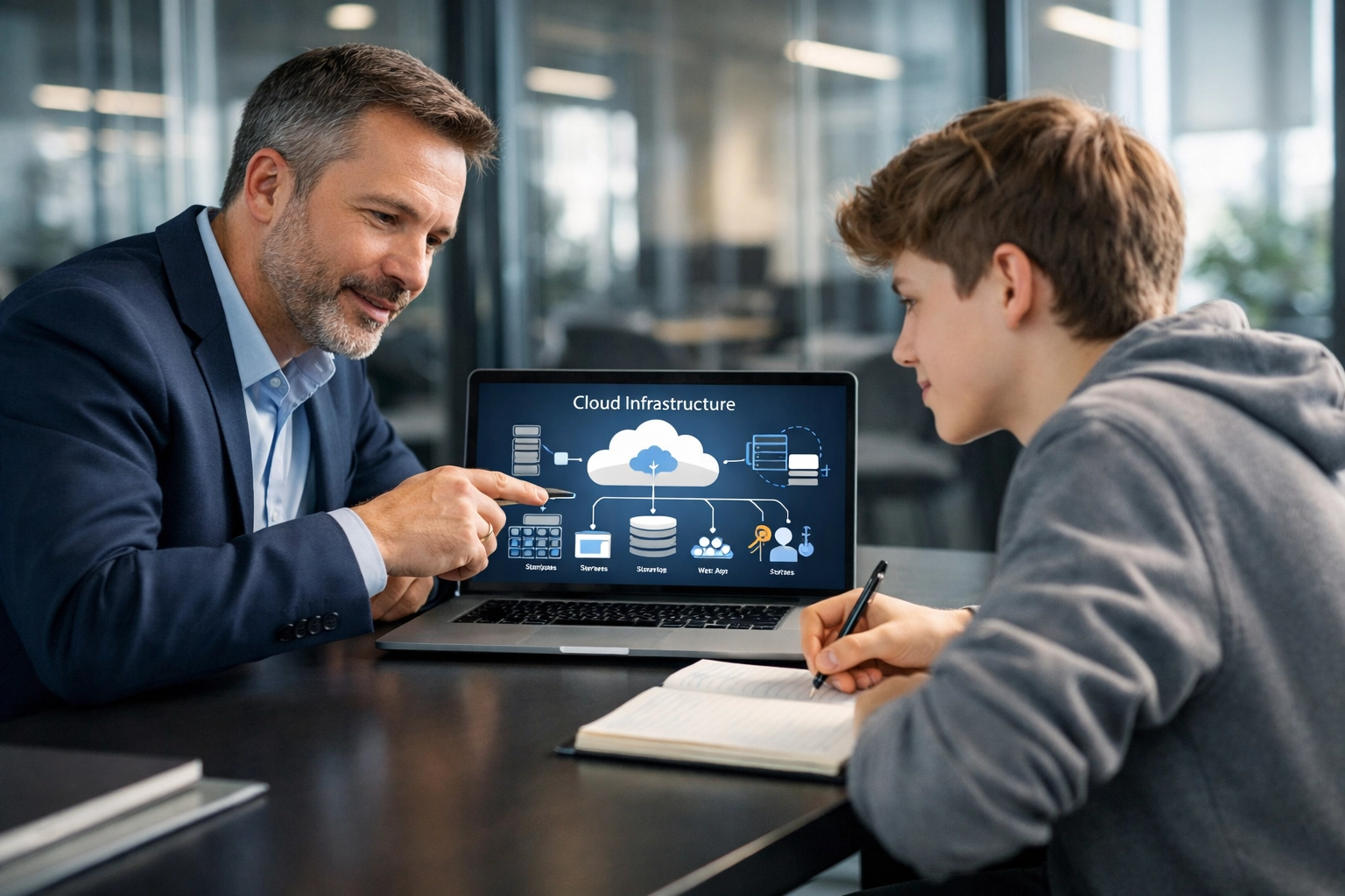 Business mentor teaching student cloud computing concepts for early talent development