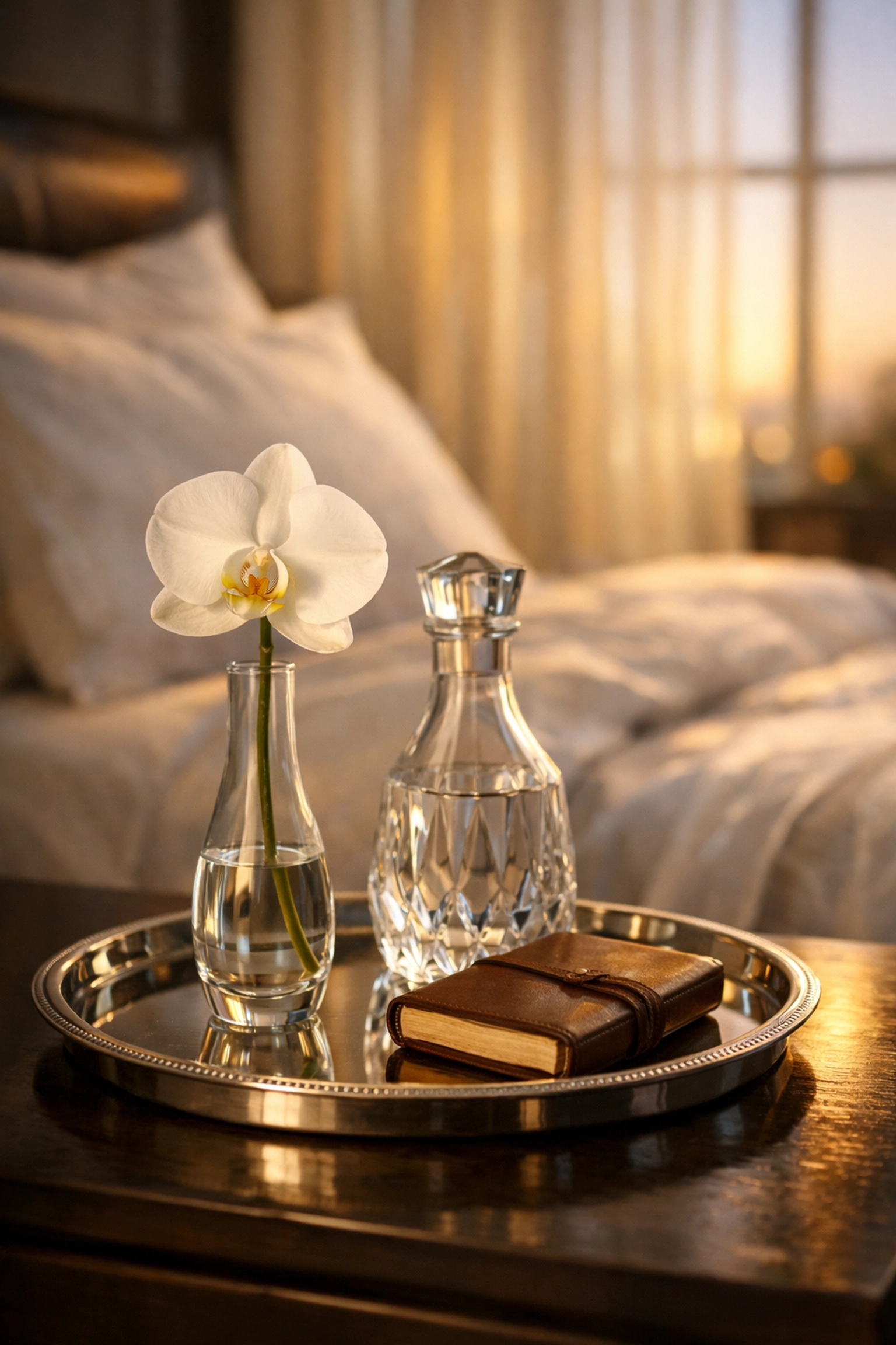 Intentional luxury bedside service with silver tray, crystal carafe, and fresh orchid.