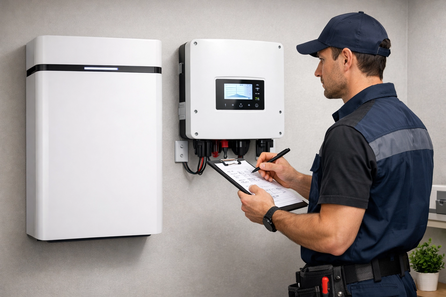 Expert technician inspecting a high-tech solar battery and inverter system for a bespoke home installation.