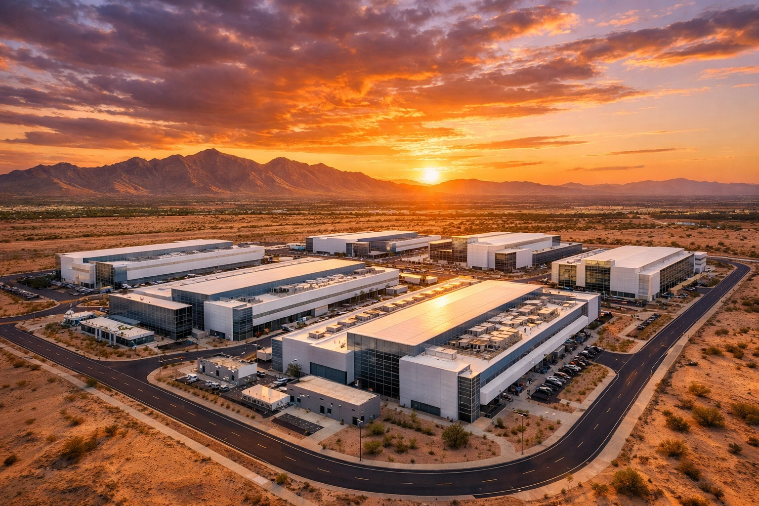 Amazon and Microsoft data center campus in West Valley Arizona with desert mountains at sunset