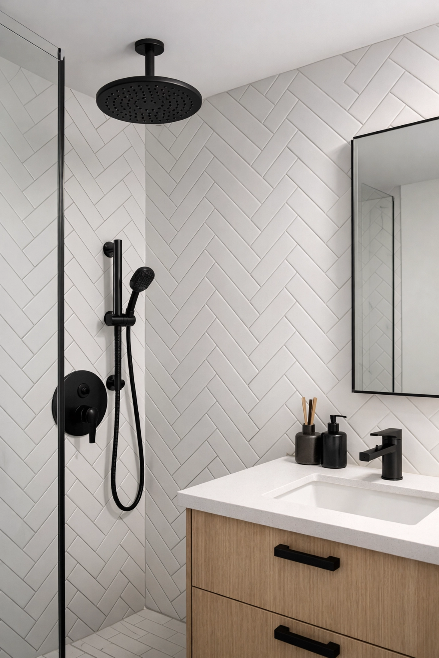 Bathroom renovation Orlando featuring matte black fixtures and herringbone subway tile