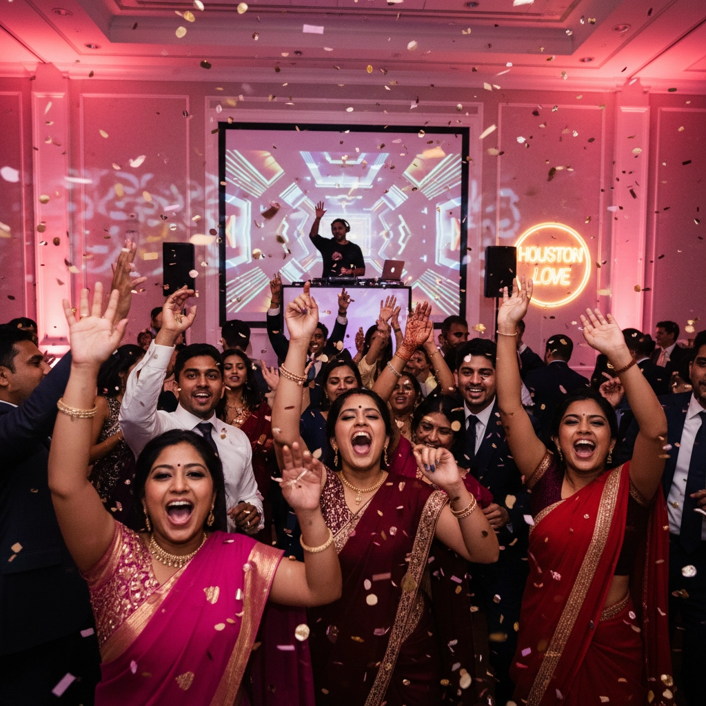 People in vibrant saris dance joyfully under falling confetti. A DJ performs on stage with colorful lights. Neon sign reads "HOUSTON LOVE."