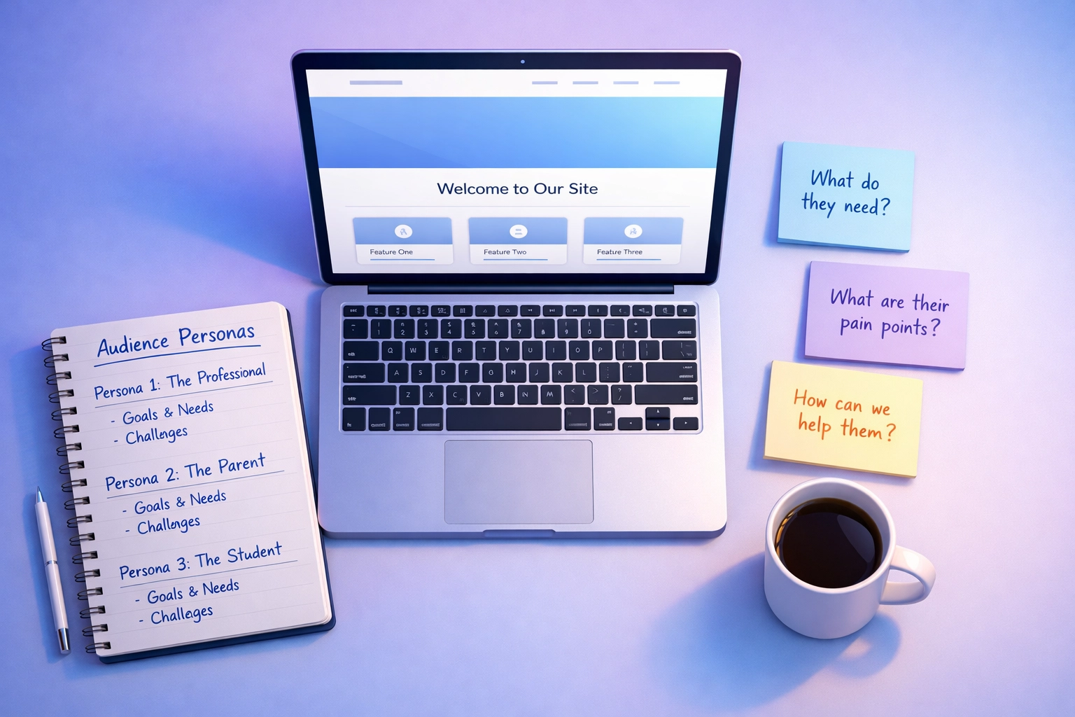 Workspace showing affiliate resource page planning with audience research notes and laptop