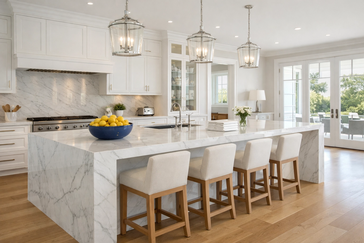 Spotless luxury estate kitchen in Carlisle, MA, featuring a marble island and eco-friendly cleaning standards.