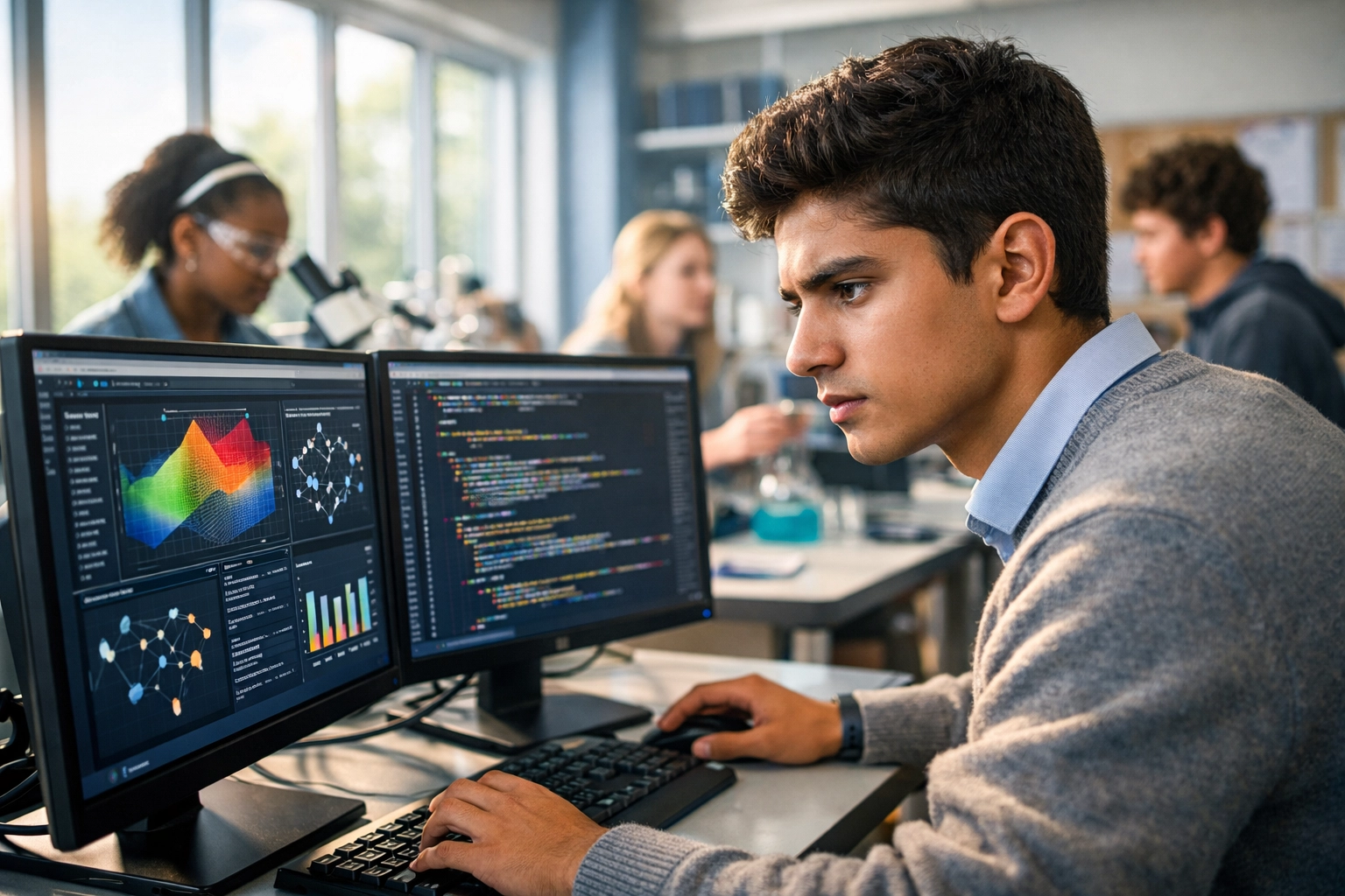 High school student analyzing code on dual monitors for a next-gen talent funnel.