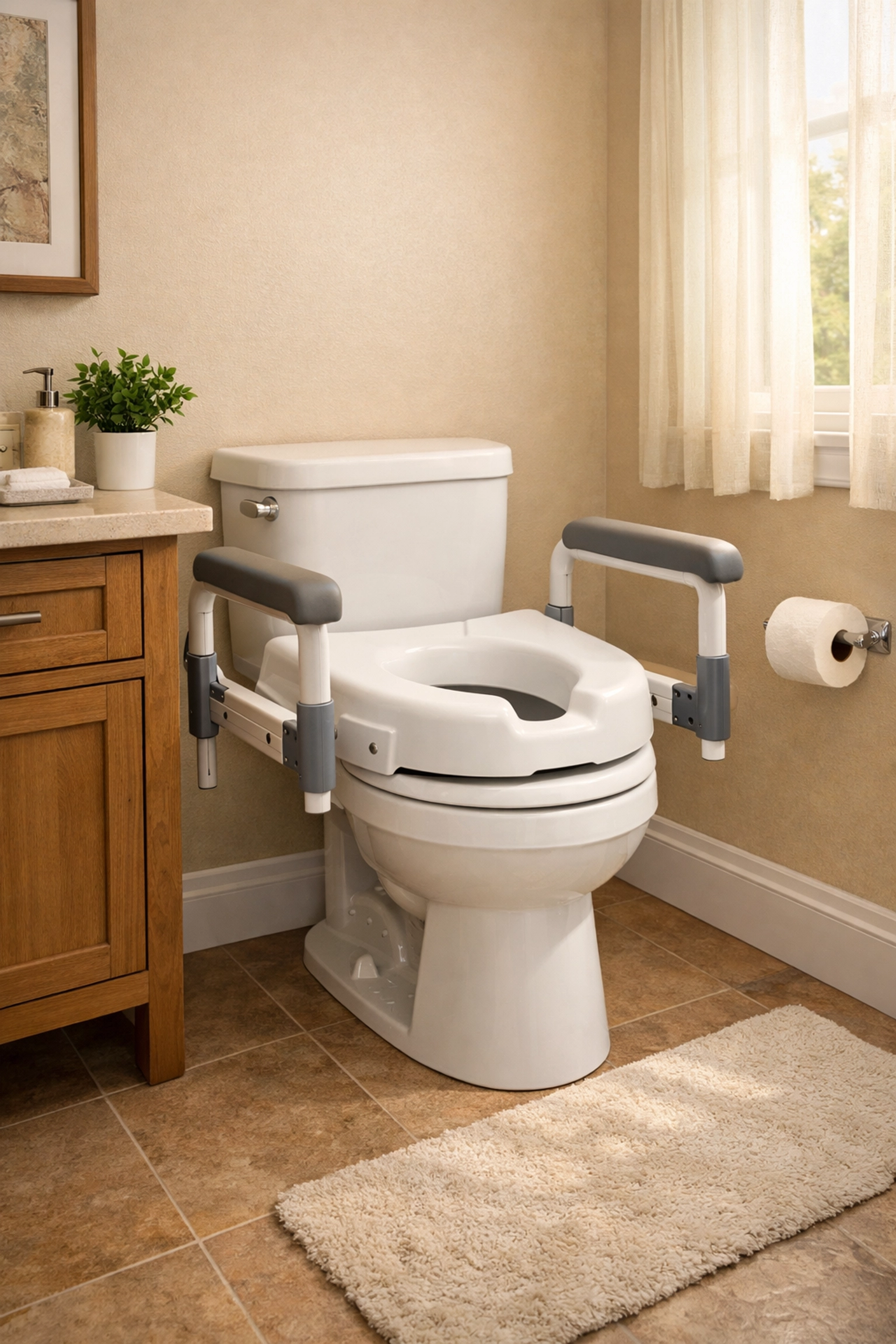 Comfort-height toilet with raised seat and supportive armrests in accessible senior-friendly bathroom
