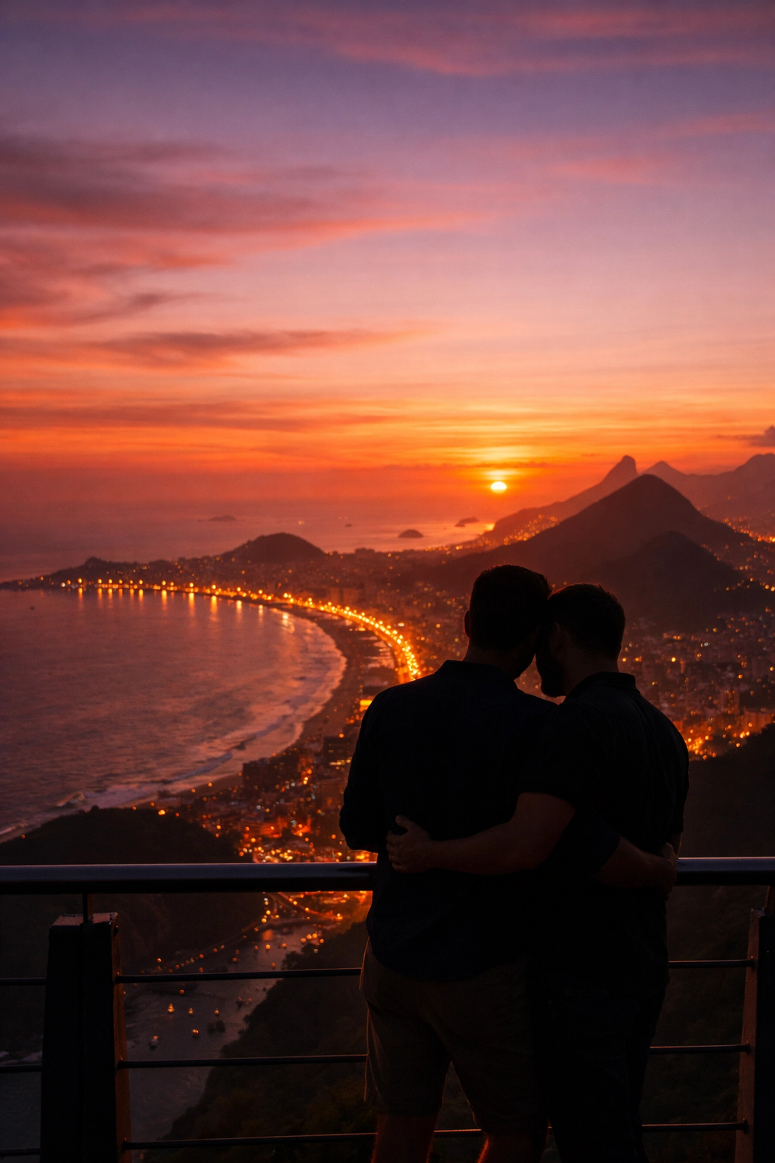 Romantic gay couple embracing at Sugarloaf Mountain overlooking Copacabana Beach Rio sunset