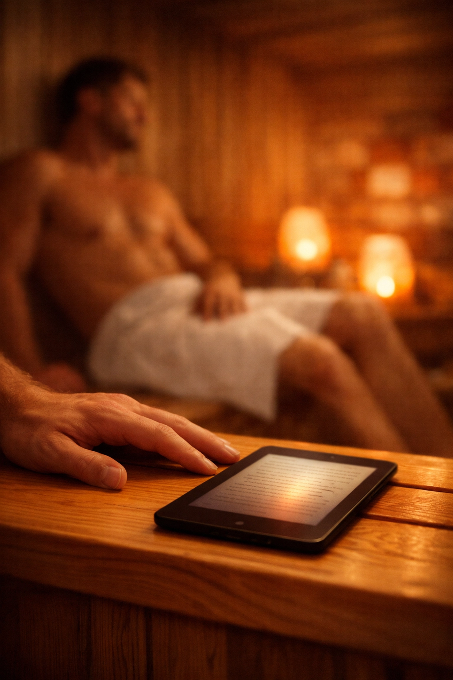 An e-reader on a sauna bench, highlighting the best way to enjoy slow burn gay romance novels.