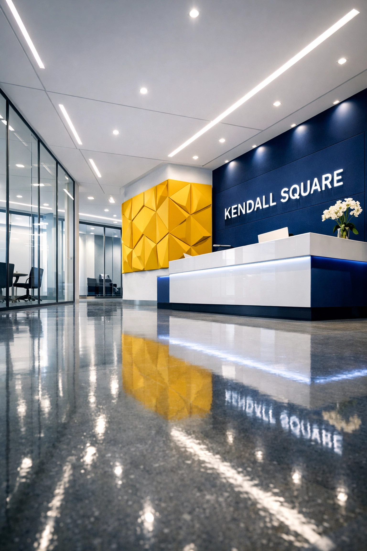 Reliable maid service Cambridge for a pristine Kendall Square office lobby with gleaming floors and modern decor.