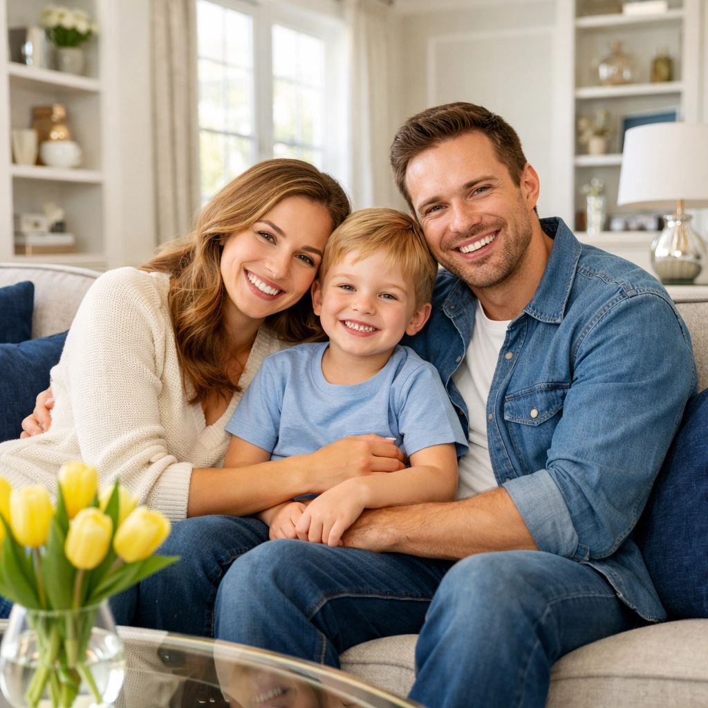 A happy family enjoying a spotless, dust-free living room cleaned by professional cleaners in Massachusetts.