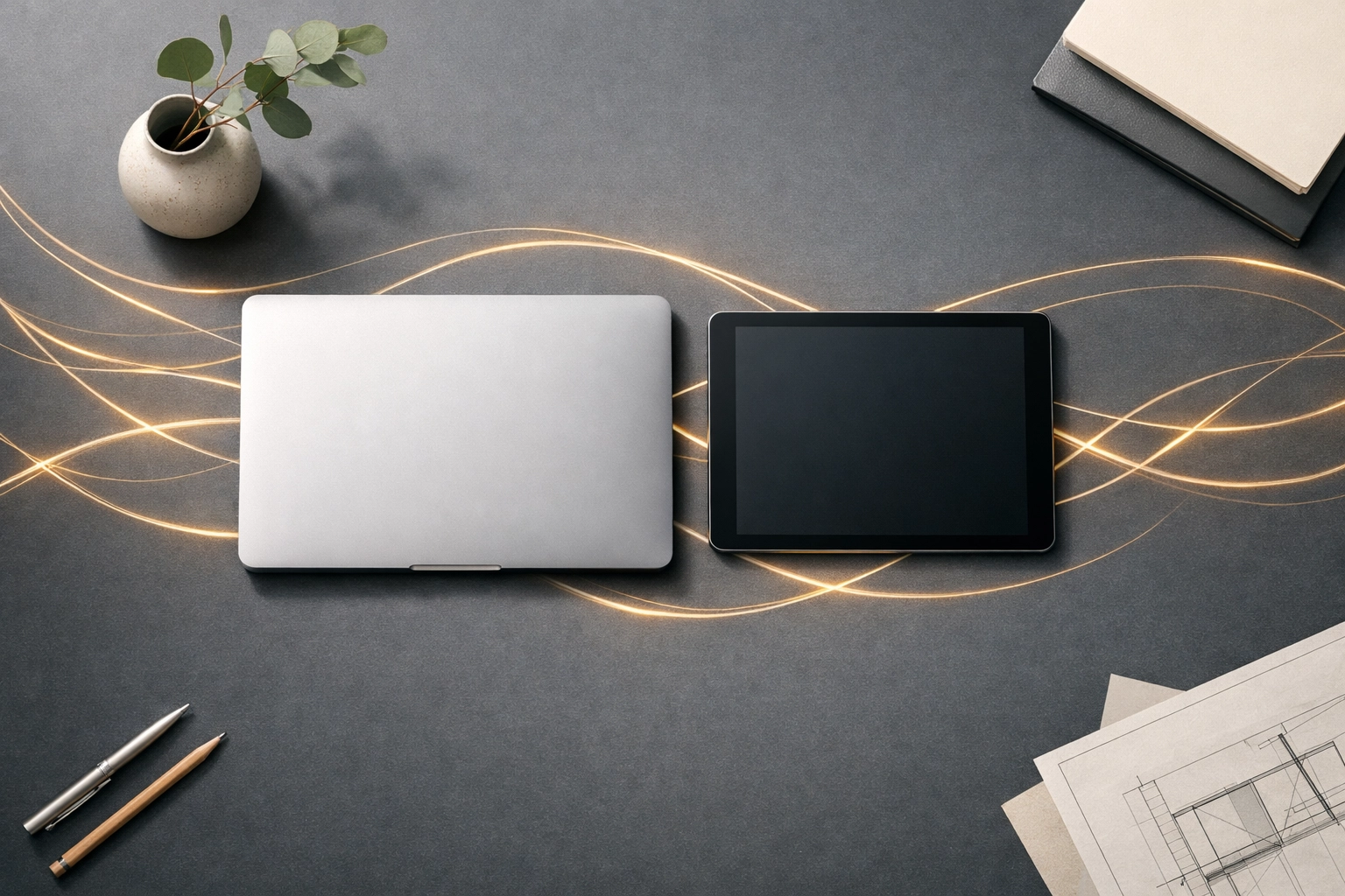 Hospitality tech integration on a minimalist desk showing seamless property management for hotel groups.