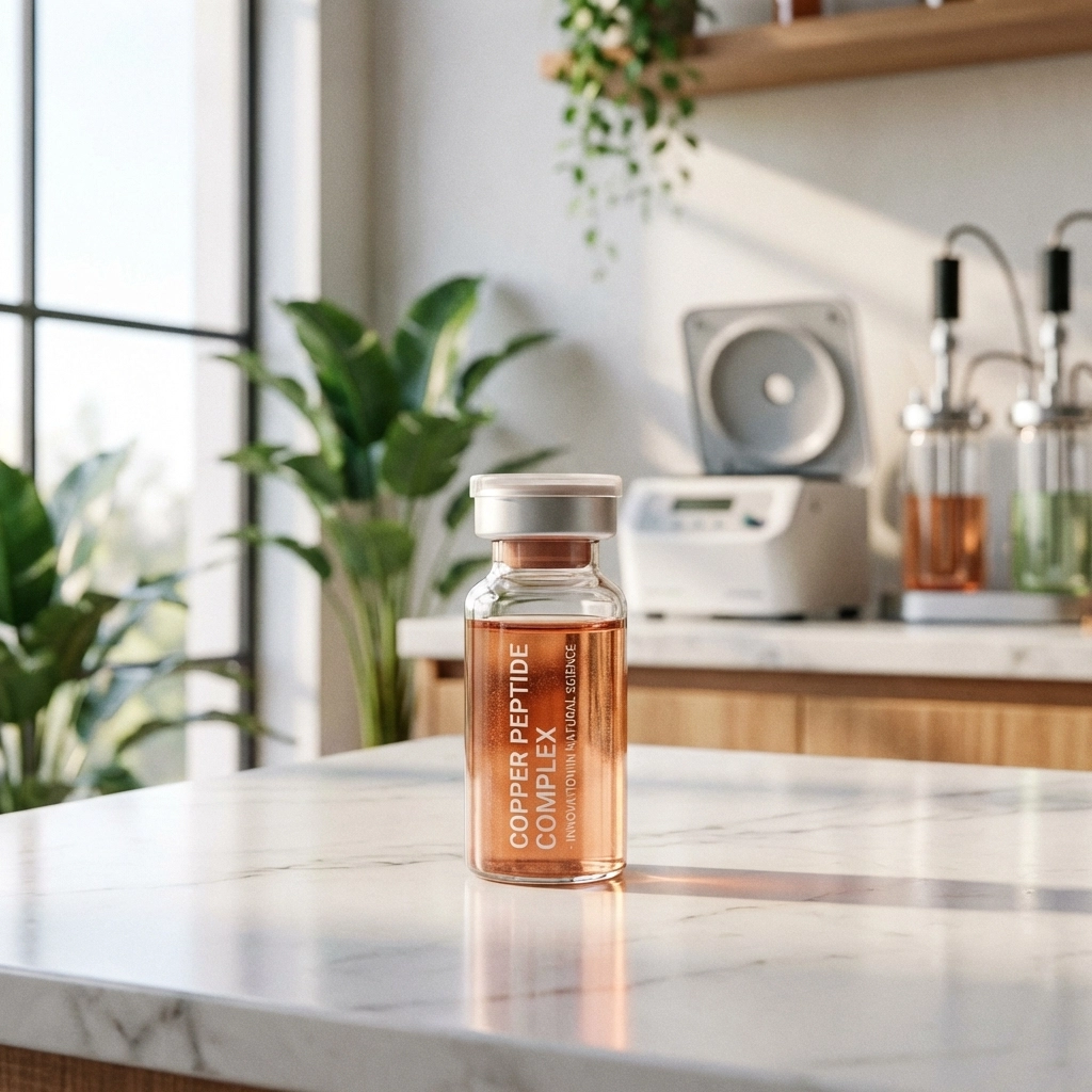 Close-up of a laboratory vial containing GHK peptide solution, used for collagen production in South Miami.