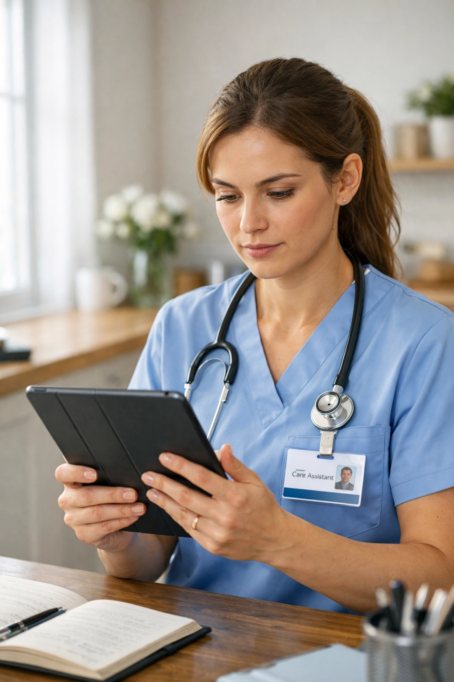 Healthcare assistant documenting patient care on a tablet to manage complex health needs and dementia care.