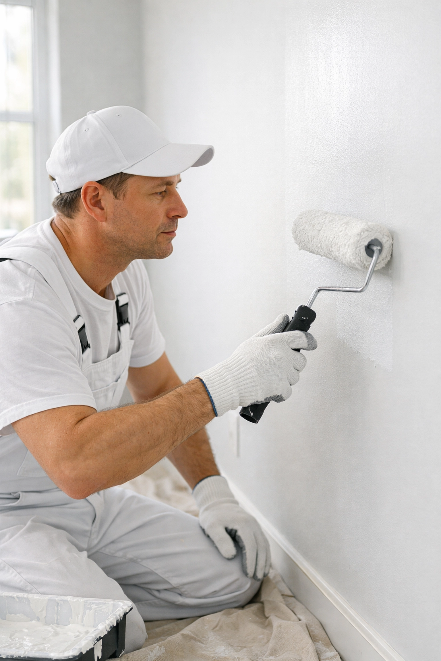 Maintenance professional painting apartment wall with quality workmanship during make-ready