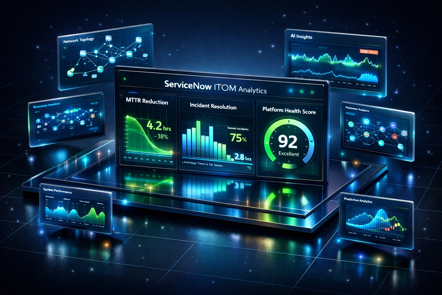 ServiceNow ITOM dashboard displaying MTTR metrics and platform health scores for ROI optimization