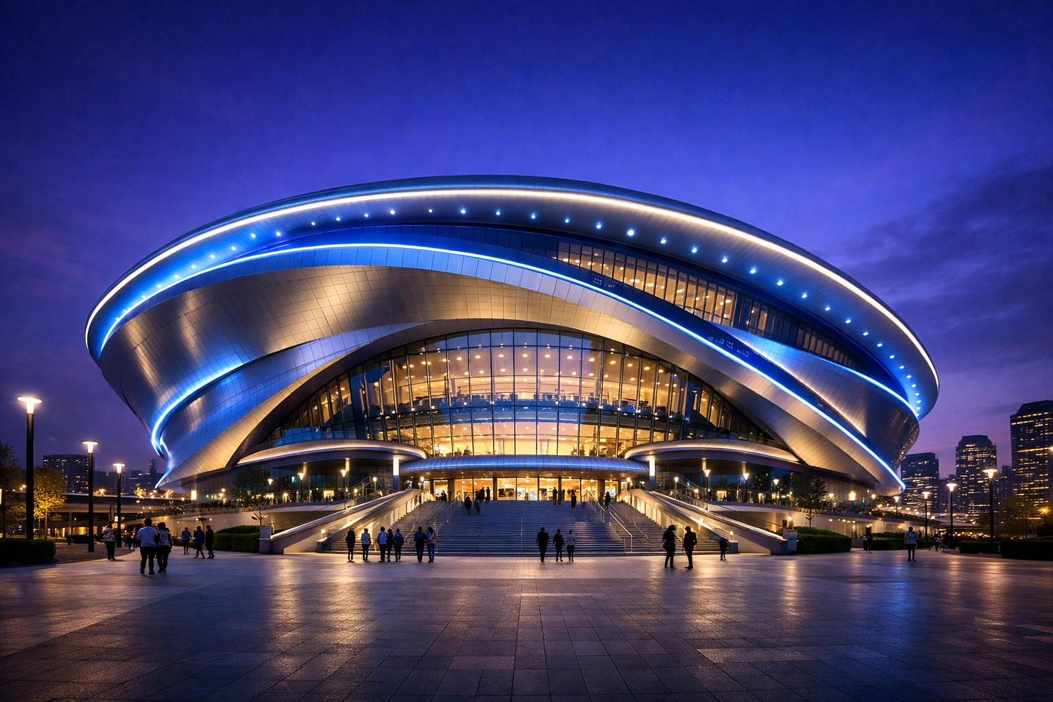 A state-of-the-art sports and entertainment arena at dusk, representing global media scale and success.