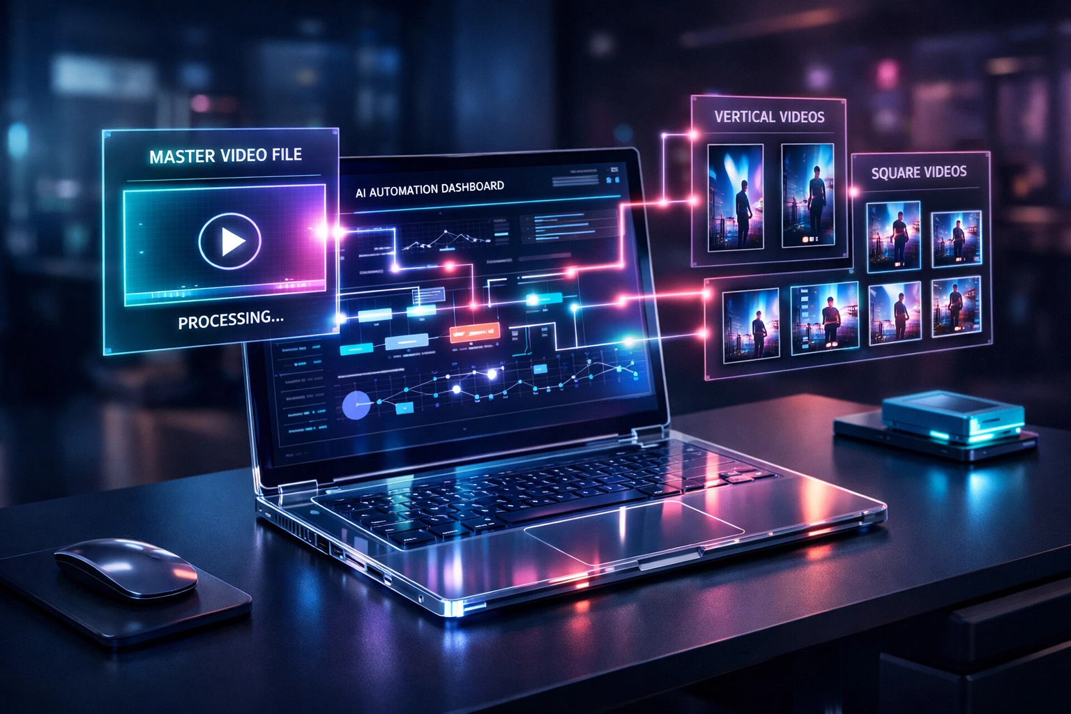 AI-powered social media automation dashboard creating video content for multiple digital platforms.
