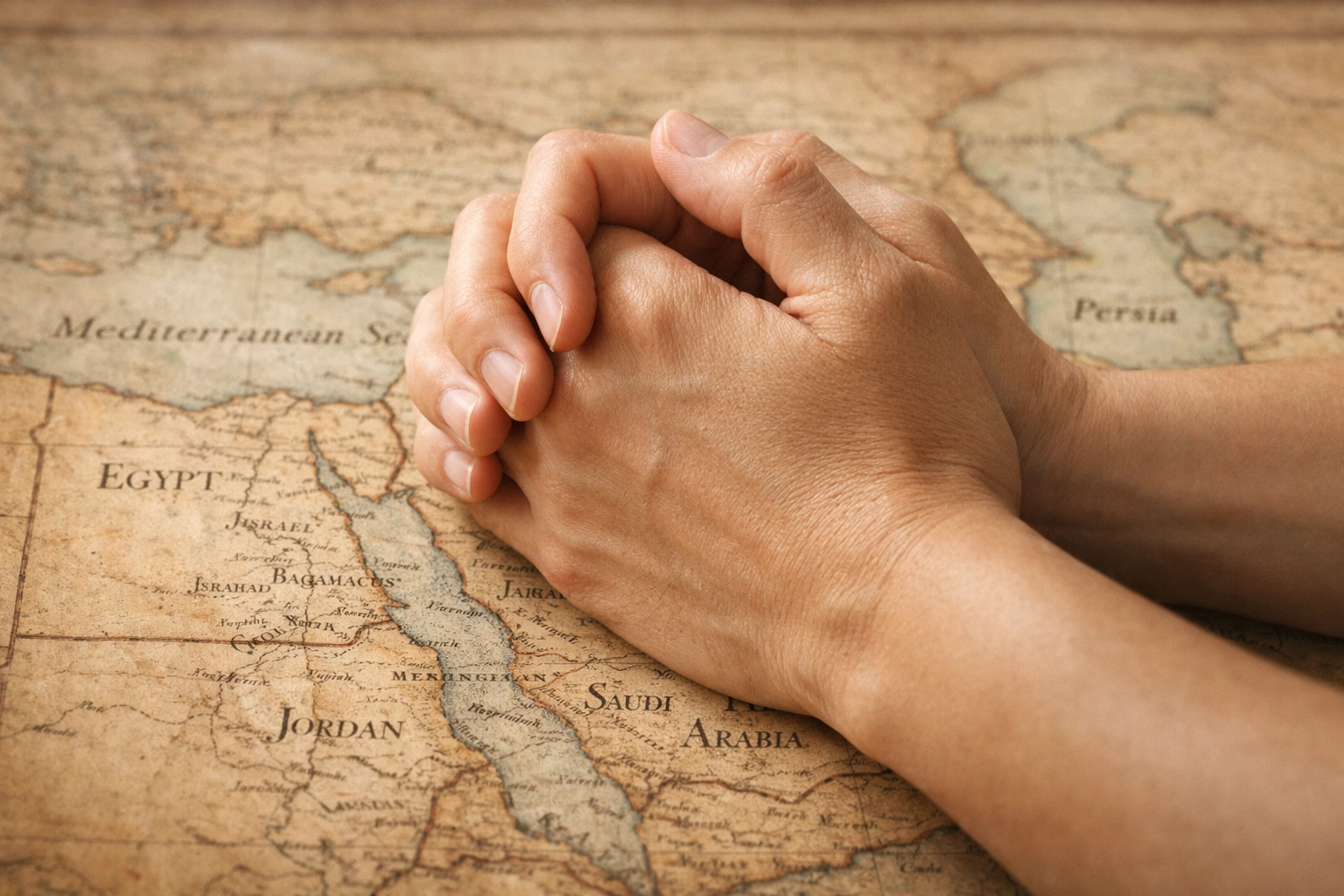 Hands folded in prayer over a map of the Middle East, symbolizing intercession for peace in Iran and Israel.