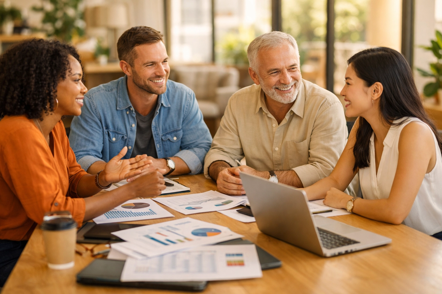 Accounting team reviewing financial reports during business consultation meeting