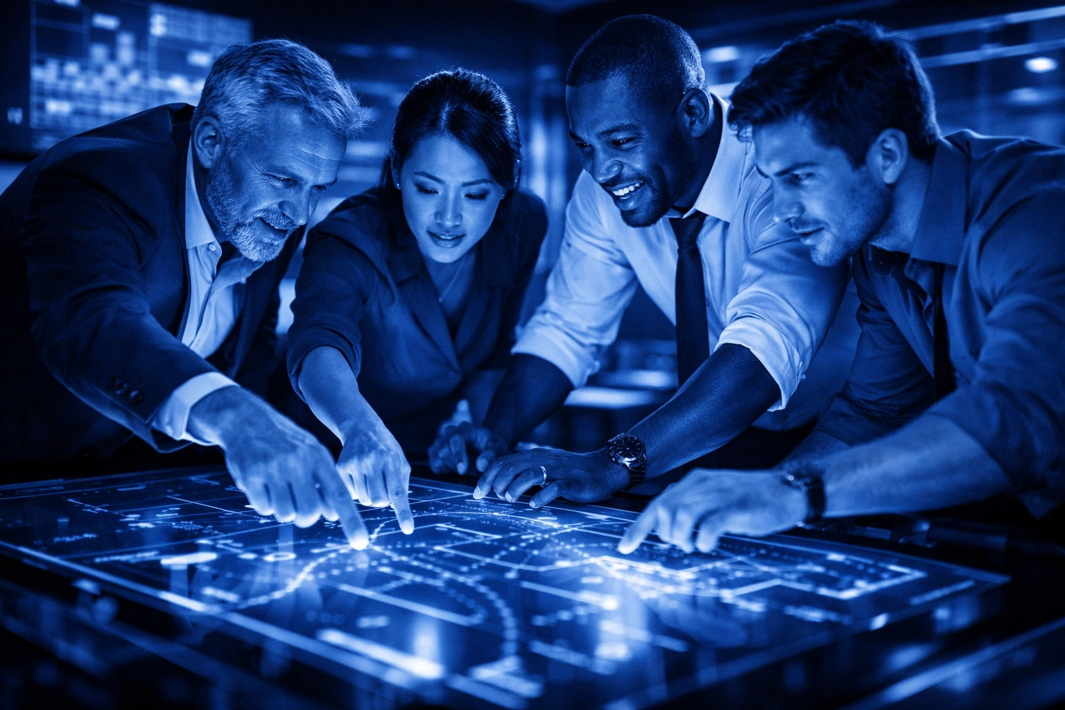 Team in a huddle using a digital surface to collaborate on shared project drives.