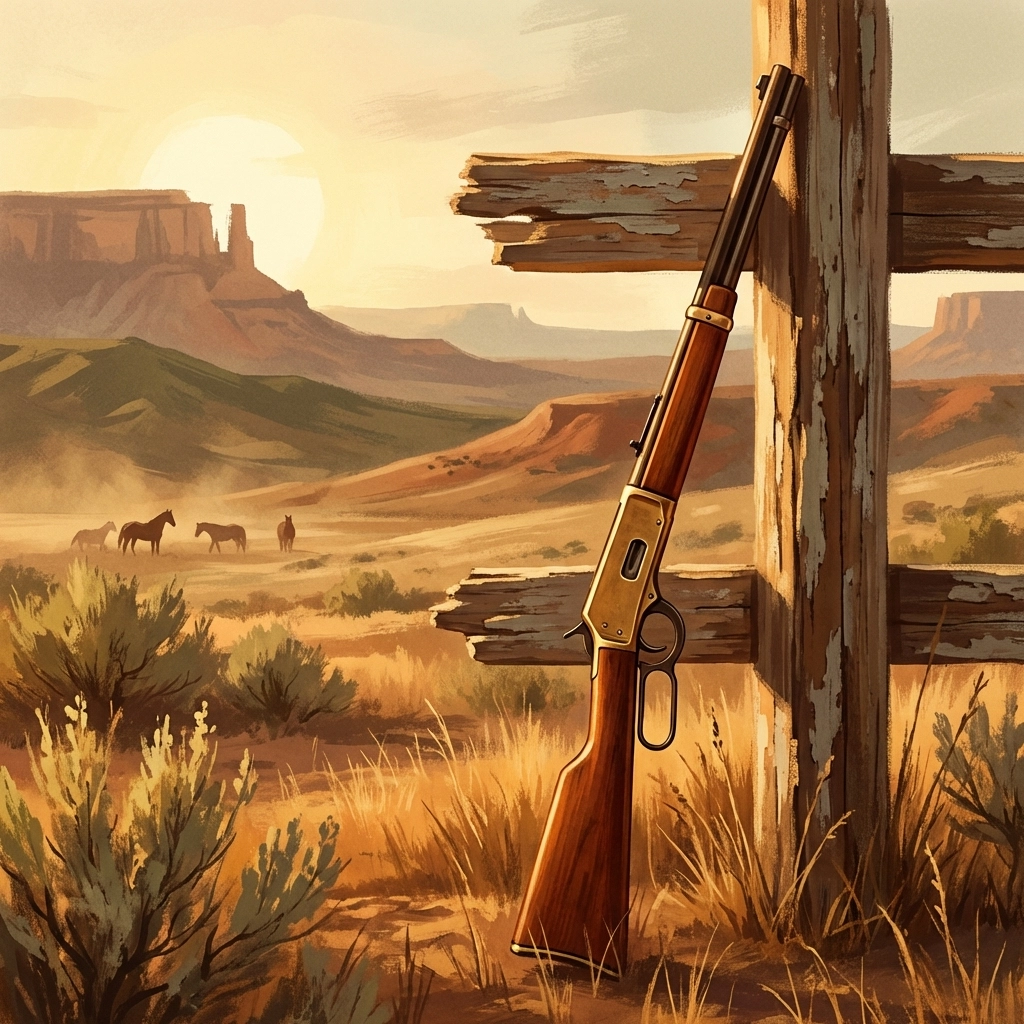 Illustration of a vintage 1873 lever-action rifle by a fence post at sunset, evoking the spirit of Cimarron cowboy firearms.