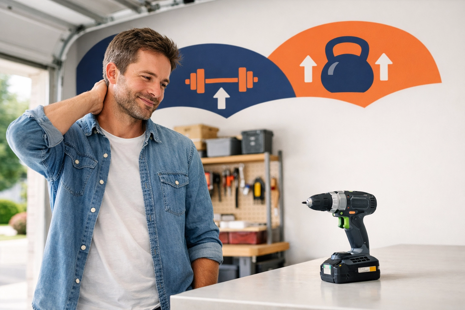 A man enjoying a minimalist garage with fewer tools, showing the benefits of access over ownership.