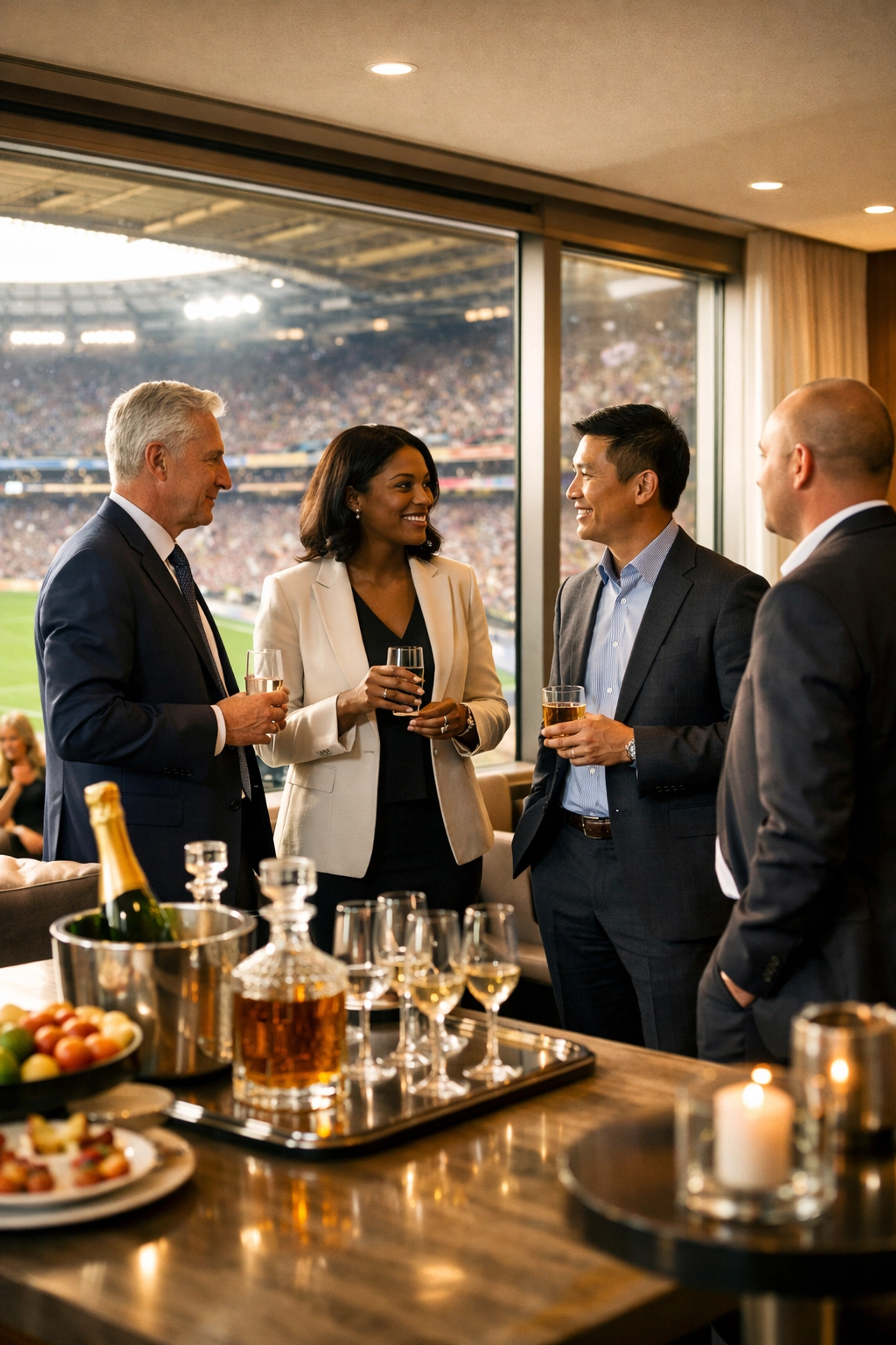 Executives networking in a luxury VIP corporate hospitality suite overlooking the football field.