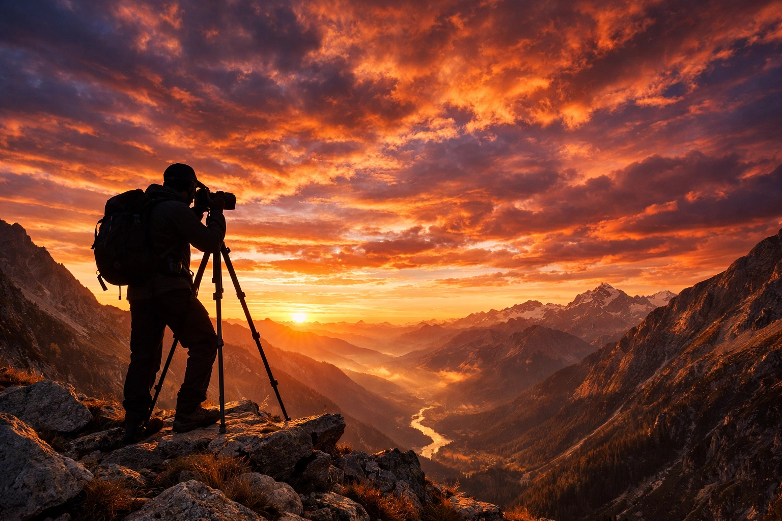 Landscape photographer silhouetted on a mountain ridge at golden hour capturing epic travel views.
