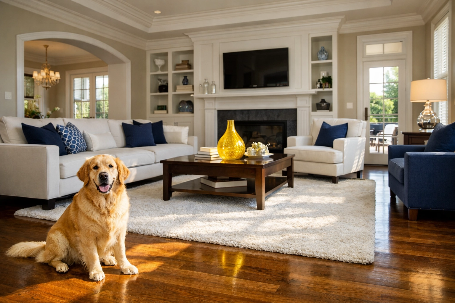 Clean pet-friendly living room featuring eco-friendly house cleaning in Leominster MA on hardwood floors.