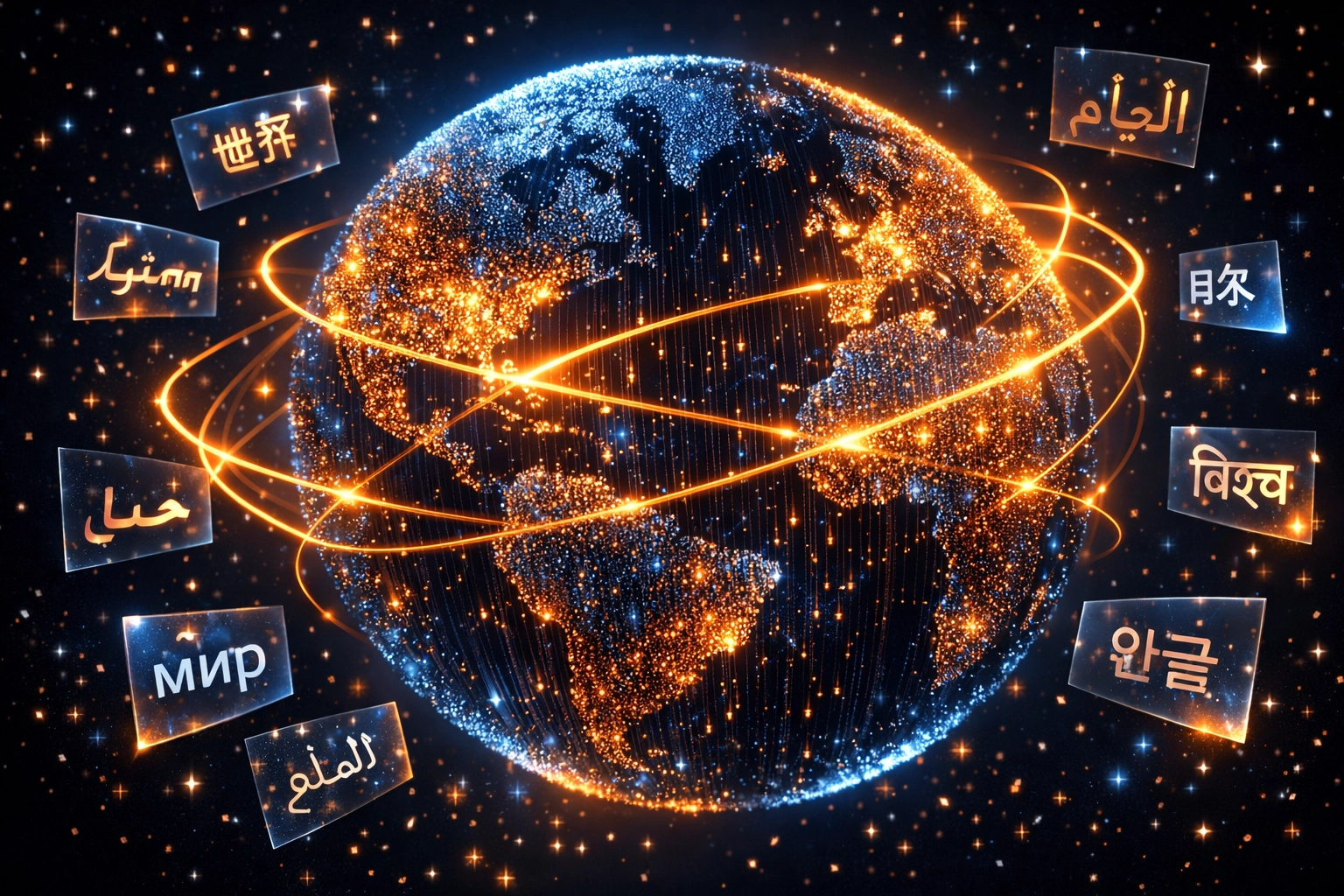 Global digital network illustrating multilingual AI support for international business customers.