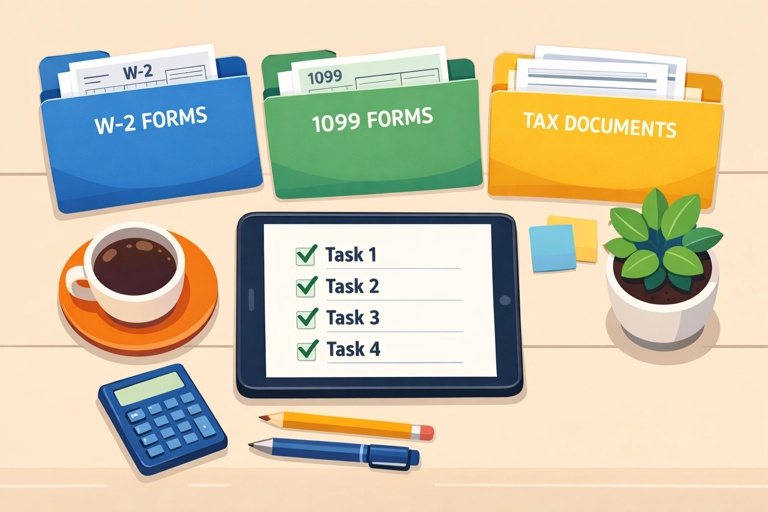 Organized tax documents W-2 and 1099 forms arranged on desk for complete virtual tax preparation