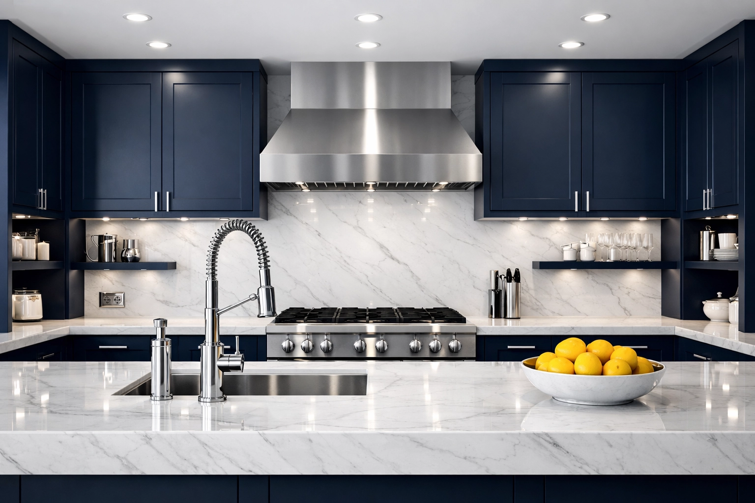 Professionally cleaned luxury kitchen with spotless marble counters, a hallmark of residential cleaning Massachusetts.